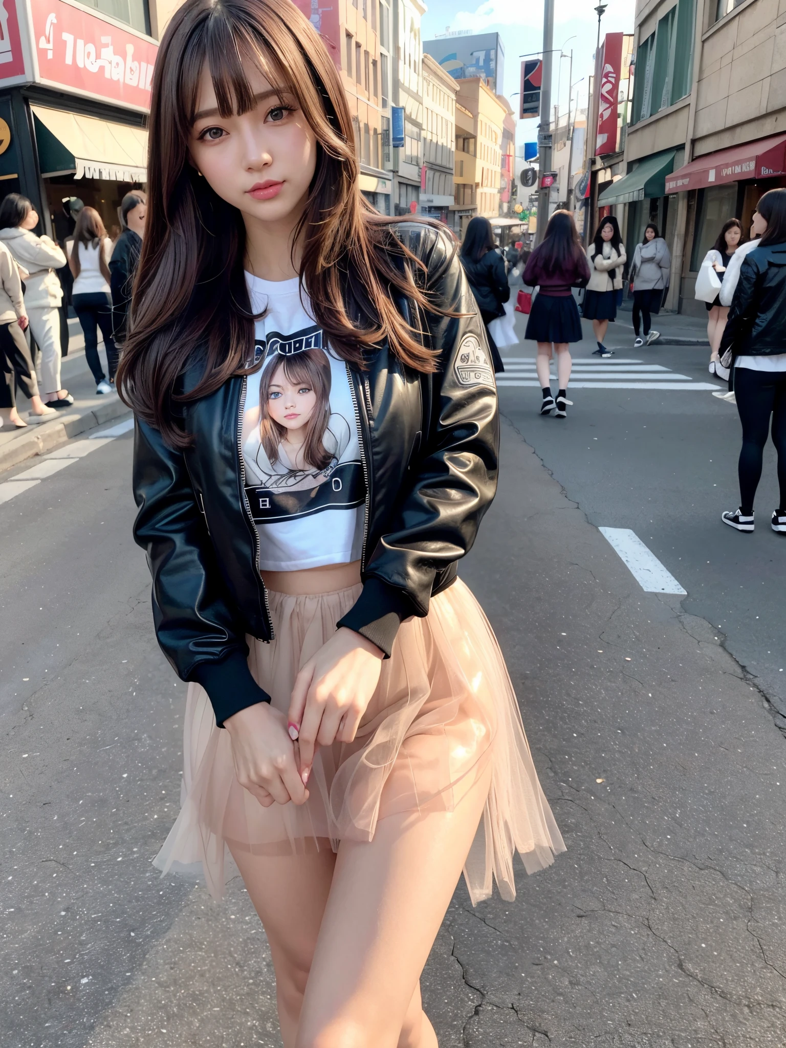 8k,best quality, masterpiece, ultra detailed, ultra high res, photorealistic, raw photo, absurdres, absolutely resolution, 1girl, solo,upperbody shot, looking at viewer,a Japanese young pretty woman, hyper cute face, glamorous figure, large breasts , long bob hair ,smile,(tulle skirt, graphic tee, moto jacket, combat boots:1.3),beautiful eyes ,windy, Posing in a crowded city street, glossy lips, double eyelids in both eyes, natural makeup, long eyelashes, shiny smooth light brown long bob hair, asymmetrical bangs, shiny skin, central image, high resolution, high detailing, detailed hairstyle, detailed face, spectacular movie lighting, octane rendering, vibrant, hyper realistic, perfect limbs, perfect anatomy