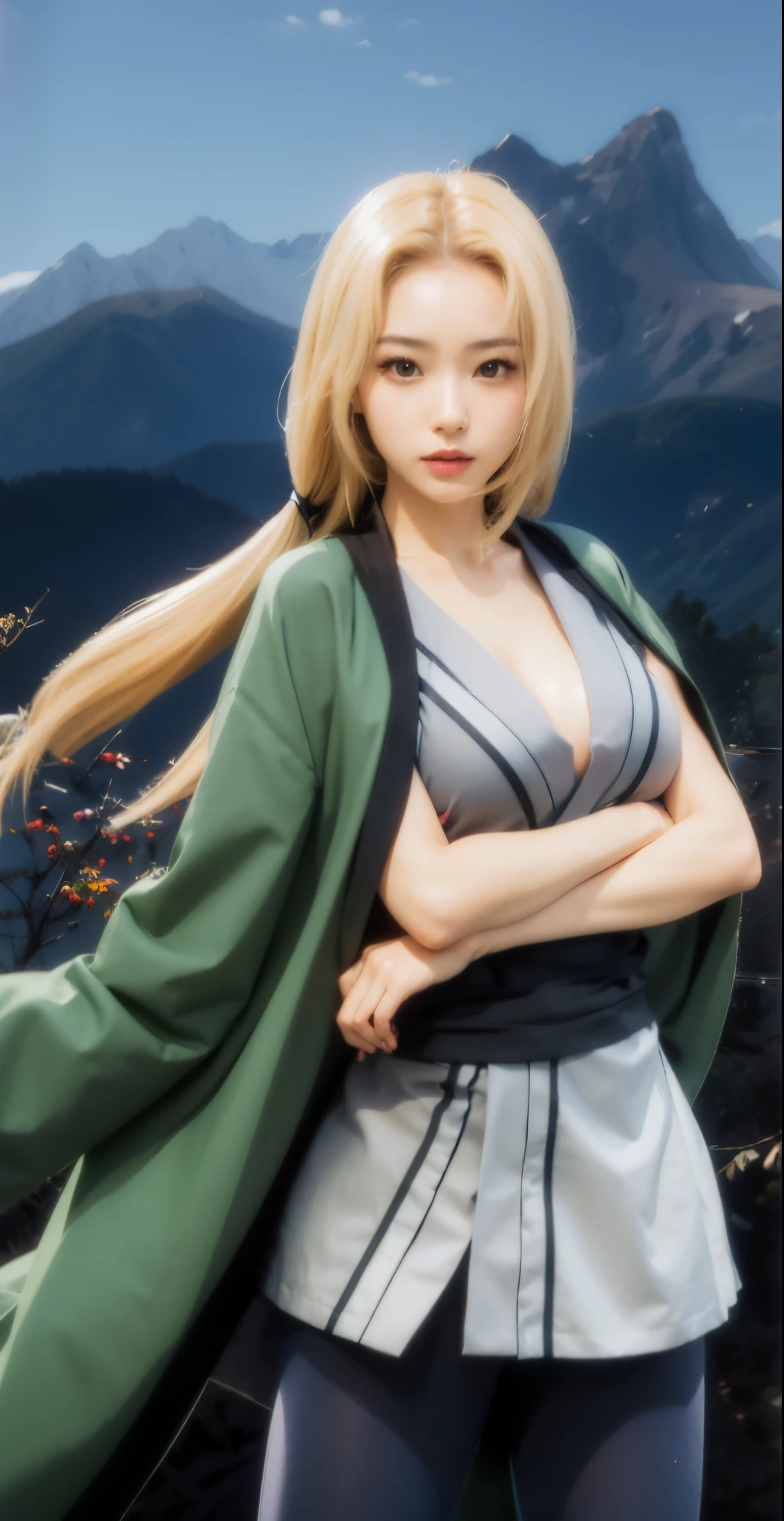 Real life adaption of this character , Adult Japanese beauty face , (realistic same hair) , (realistic same outfit),realistic background , realistic light, realistic shadow, realism, hyper realistic,(photorealistic:1.2), normal small eyes,big breast,wear realistic thight stocking