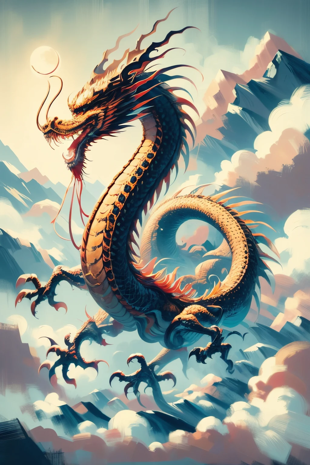 Chinese dragon, golden, red, green, black, flying across the clouds, partially in the clouds, slithering between white clouds, colored dragon with shiny, shiny scales, open mouth, red