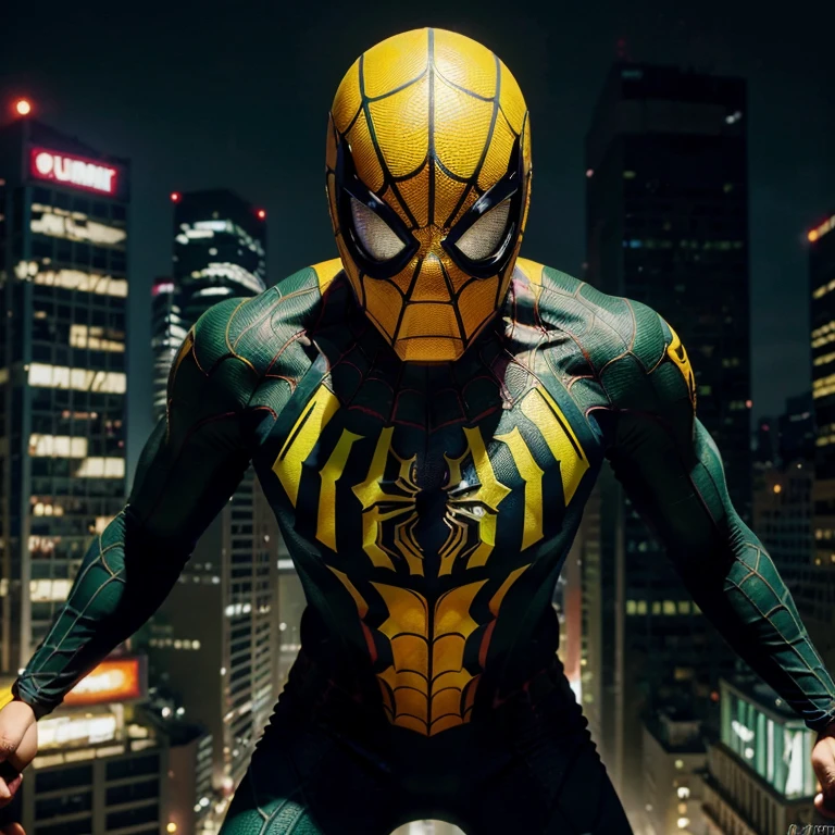 (highest quality,photorealistic:1.2),Spider-Man wearing green, yellow, and black suit, intense web-slinging action,detailed mask and costume design, dynamic cityscape background,amazing acrobatic poses, vibrant colors, dramatic lighting,comic book style,high contrast,colorful shadows.