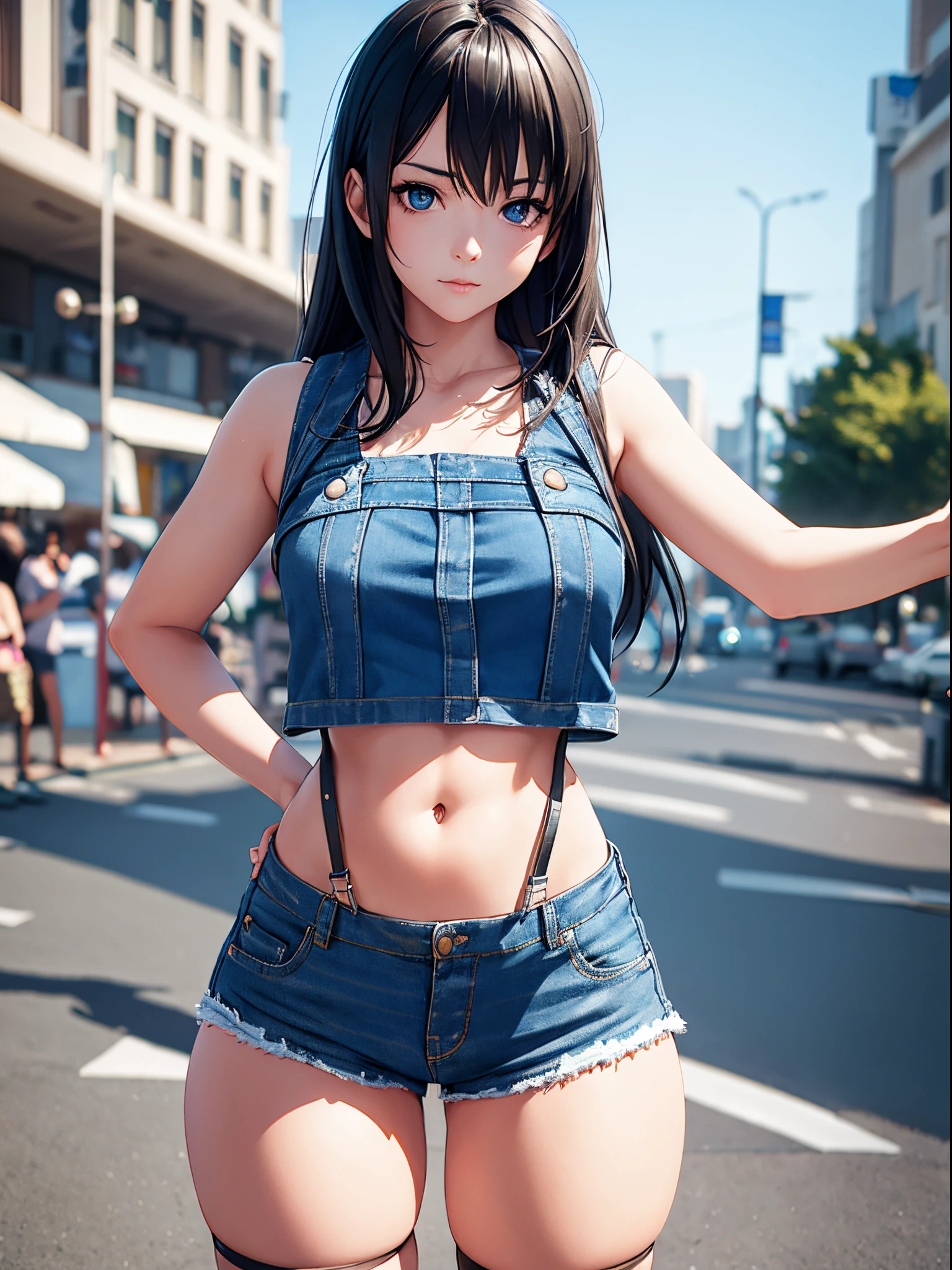 A girl wearing denim shorts and tattered short sleeves，Wearing suspender stockings on the legs，Exposing the abdomen，The figure is good，The head is not exposed，[ 4K realism ]!!, [ 4K realism ]!!!, [ 4K digital art ]!!, Realistic shadow perfect body, realisticlying!!!!!!! art-style, photorealistic anime, by Shitao, Popular topics on cgstation, Casual pose, realistic anime 3D style