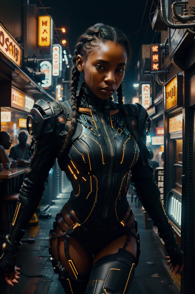 full body, man in front ,and at the back slim woman running toward the camera  from a , braids, wearing African clothes,   African city bar, science fiction style , A highly detailed,  digital,  circuit board,  energy lines and nodes,  advanced,  high-tech,  cyberpunk,  unreal engine 5,  keyshot,  octane,  artstation trending,  ultra high detail,  ultra realistic,  cinematic,  8 k,  tilt shift,  depth of field,