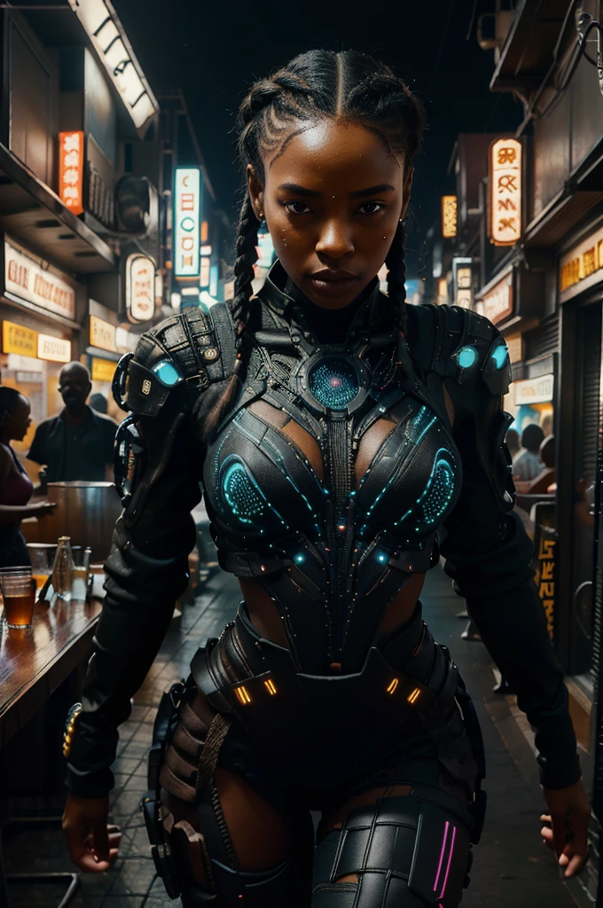 full body, man in front ,and at the back slim woman running toward the camera  from a , braids, wearing African clothes,   African city bar, science fiction style , A highly detailed,  digital,  circuit board,  energy lines and nodes,  advanced,  high-tech,  cyberpunk,  unreal engine 5,  keyshot,  octane,  artstation trending,  ultra high detail,  ultra realistic,  cinematic,  8 k,  tilt shift,  depth of field,