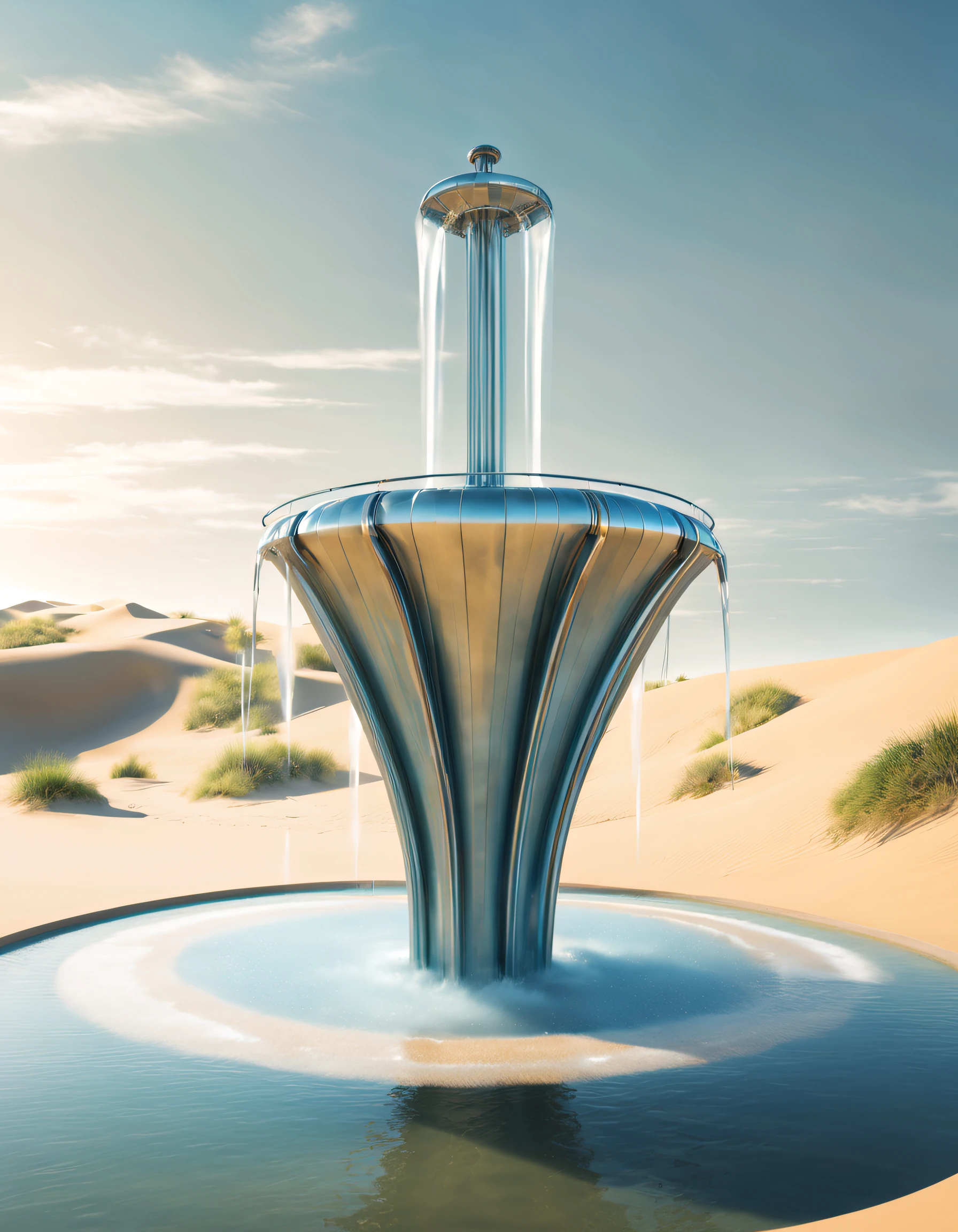 Surreal 3D rendering,A large cybernetic fountain depicted in the dunes, Connect to suspended faucet, Ethereal,