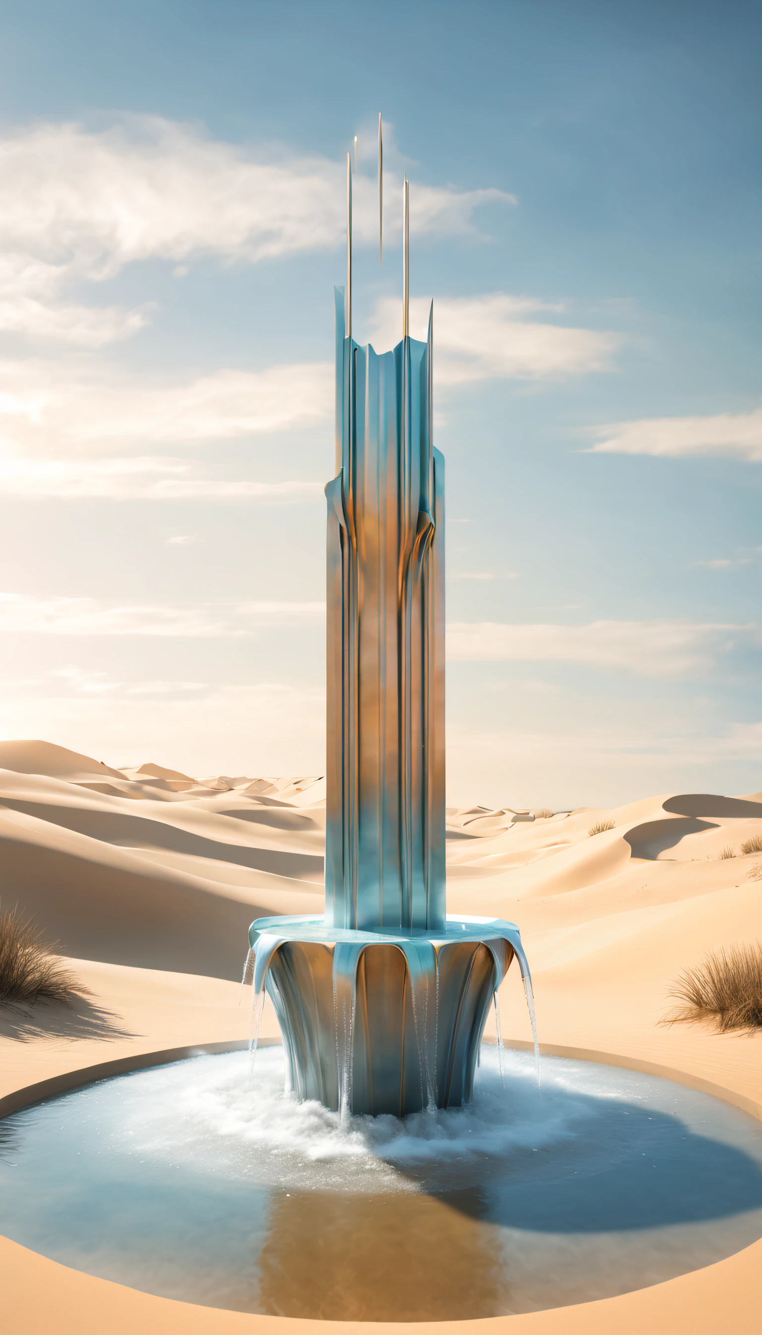 Surreal 3D rendering,Large cybernetic fountain depicted in the dunes, Connect to hanging faucet, Ethereal,