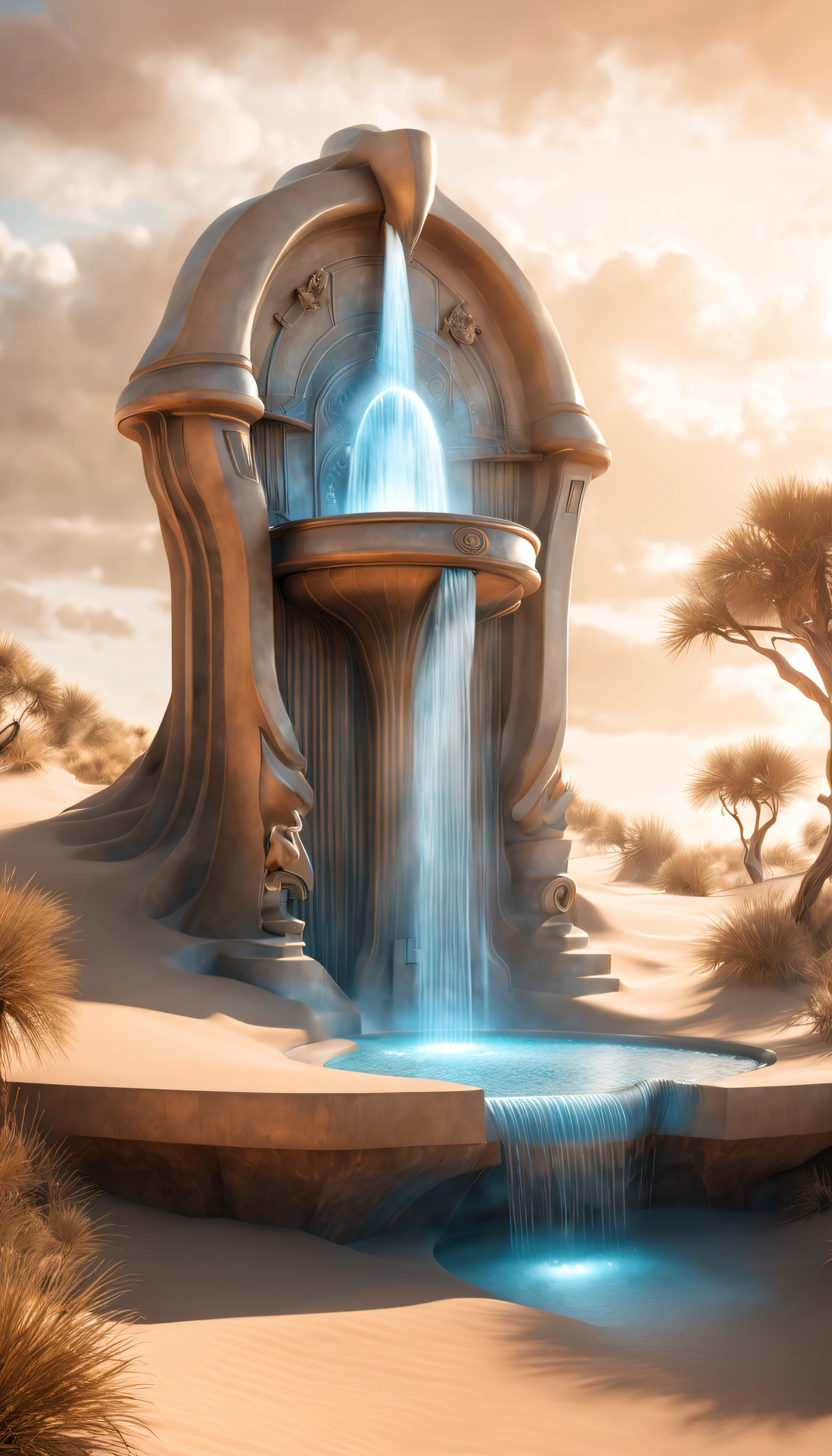 Surreal 3D rendering,Large cybernetic fountain depicted in the dunes, Connect to hanging faucet, Ethereal,