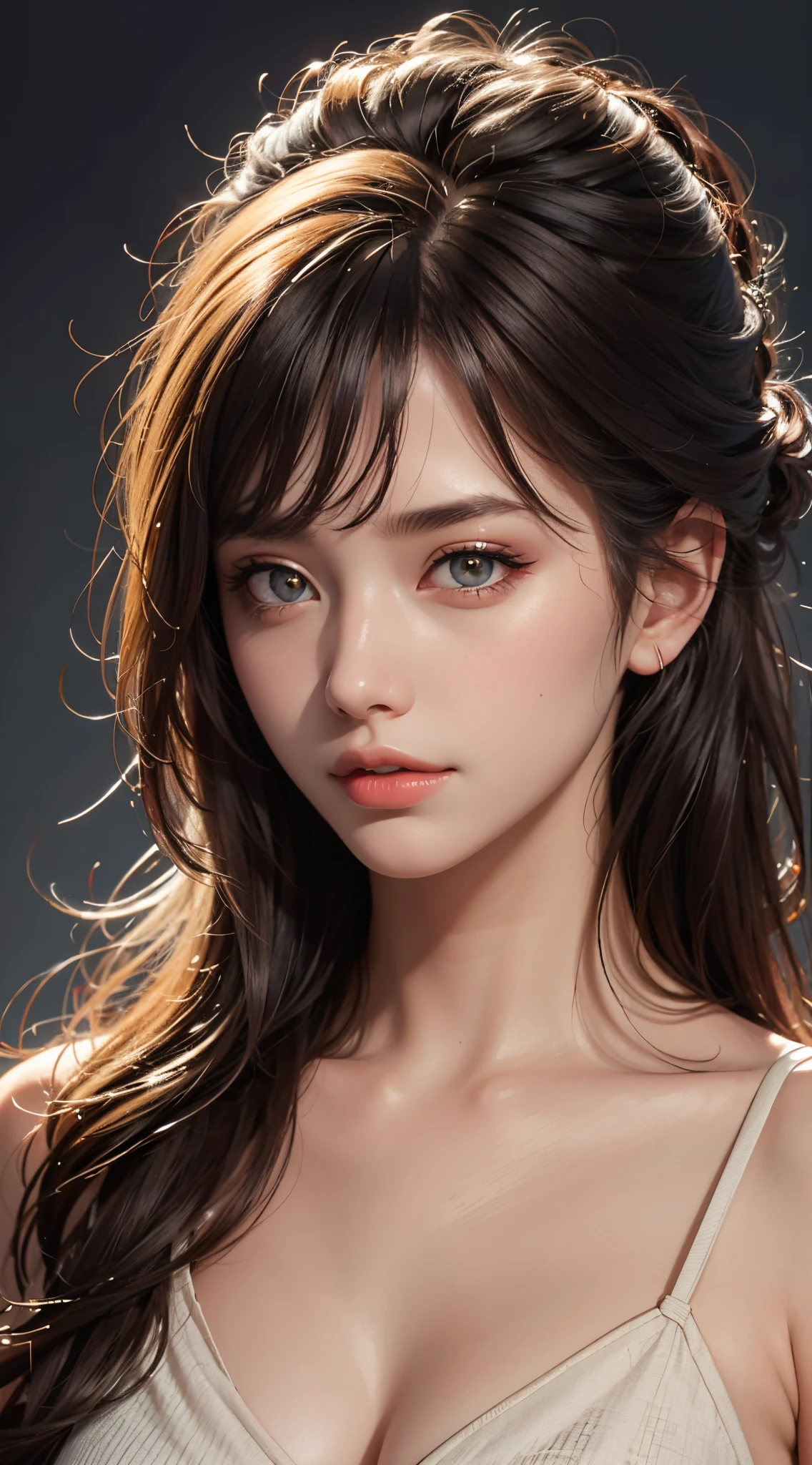 (UHD, retina, masterpiece, accurate, anatomically correct, textured skin, super detail, high details, high quality, best quality, high res, 1080P, HD, 4K, 8k, 16k), (beautiful detailed eyes, beautiful detailed lips, extremely detailed eyes and face), soft lighting, physically-based rendering, vivid colors, (large breasts:1.5), (portrait, shiny hair, shiny skin), eye reflection, (bokeh, bedroom), (bangs:1.5), (splash_curl:1.2), semi-profile view, smile, tanned skin,