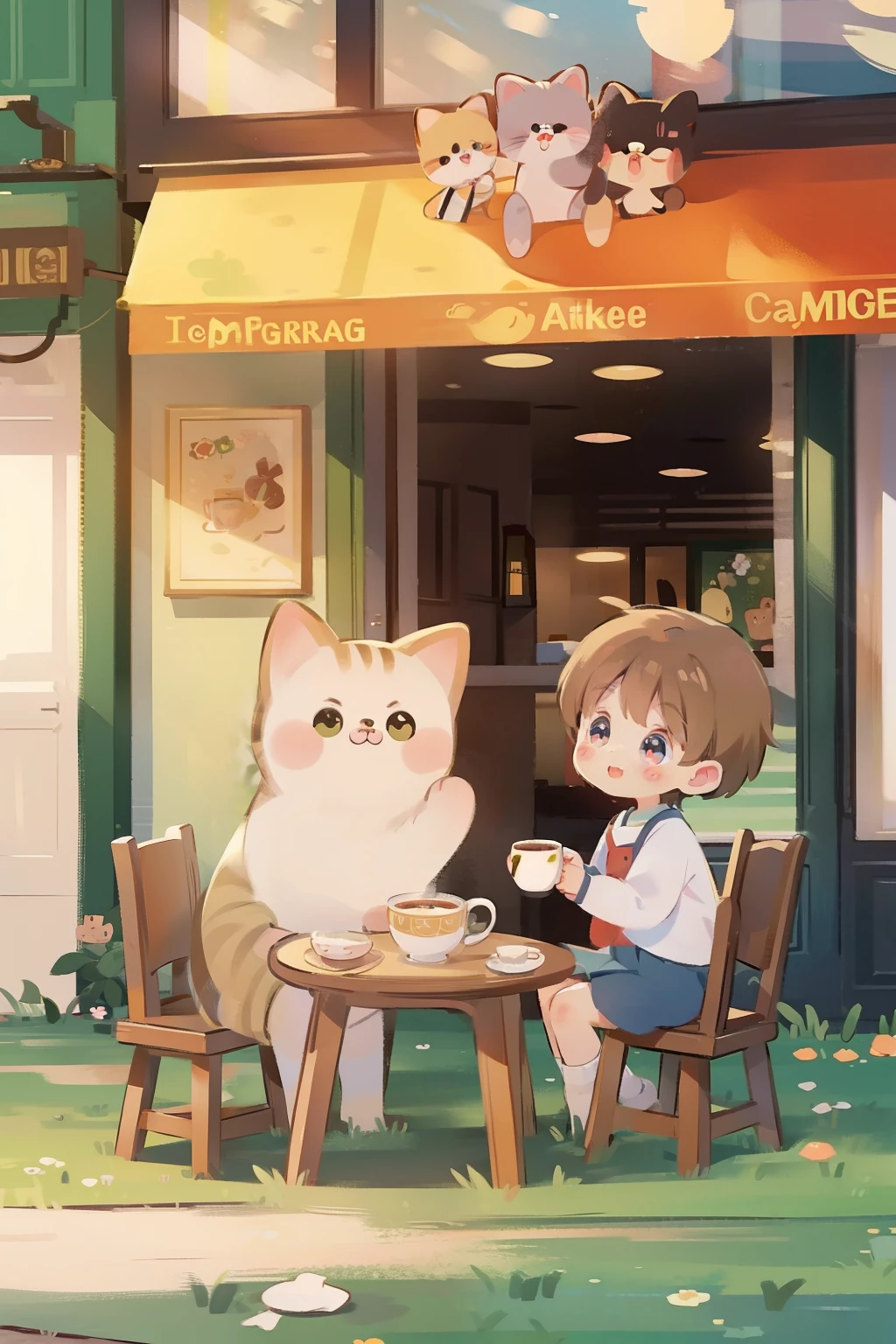 A cute cat with round eyes, in a coffee shop, tea table, Street view outside the window.