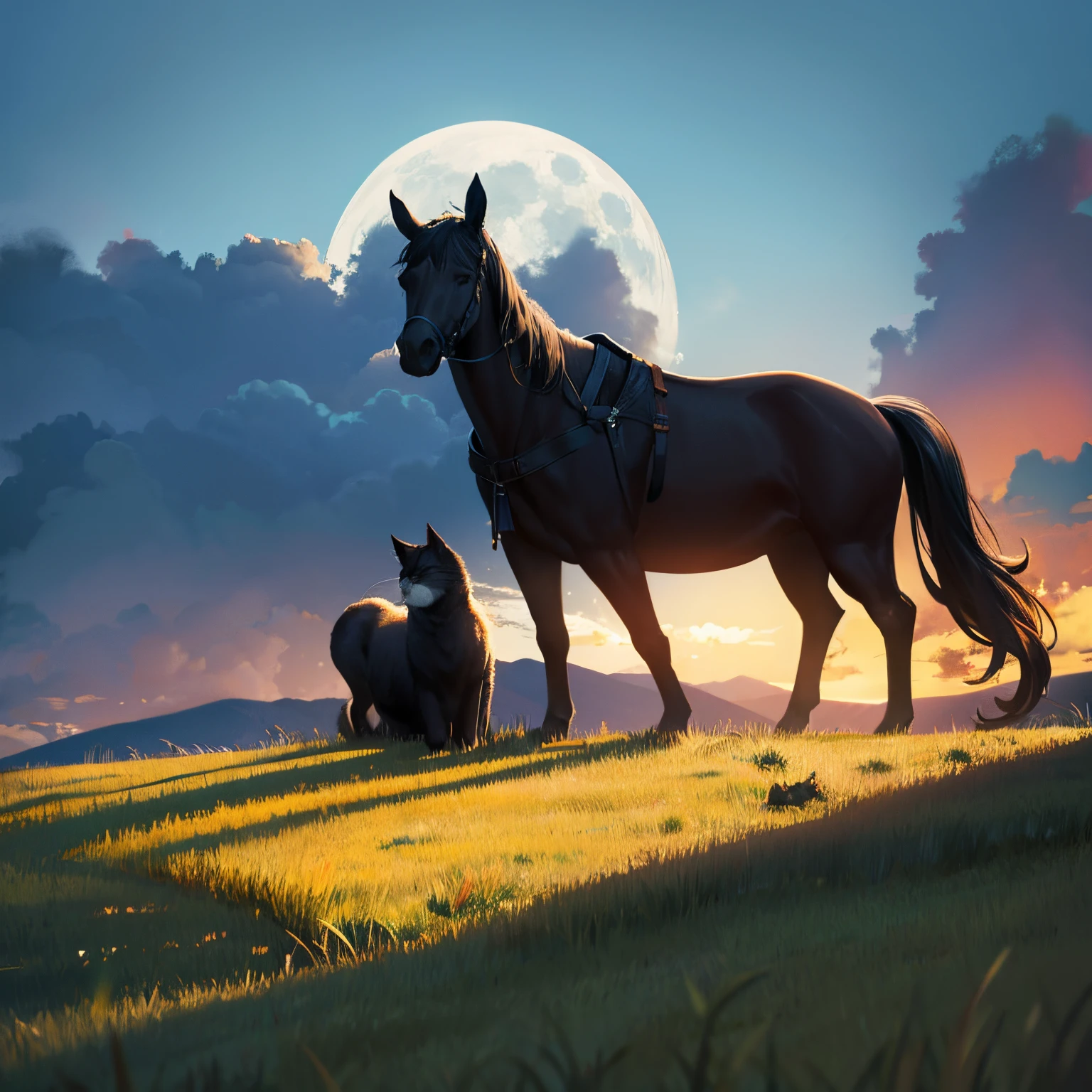 Horse, cat, moon lit sky, 4k, masterpiece, detailed, gradual shadows