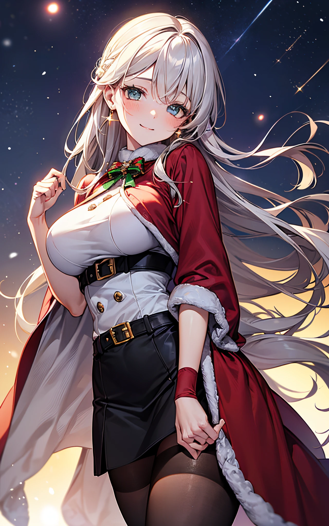 Top resolution、 Top image quality、 masterpiece、 8K、 (((One Woman)))、(((24 year old)))、 ssmile、red blush、 (((5 head body、pretty pose、 large full breasts、sparkly eyes、Light in the eyes、hair adornments)))、、 (((Beautie)))、(((Black Santa)))、 Wearing a cloak、(skirt by the)、((Long tights))、 thighs thighs thighs thighs、In the city、night sky full of stars、Christmas、Falling snow、Dating、Christmas present、See 5、