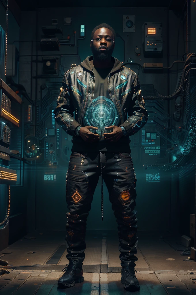 full body, rick ross, skateboard , wearing African clothes, African city , science fiction style , A highly detailed, digital, circuit board, energy lines and nodes, advanced, high-tech, cyberpunk, unreal engine 5, keyshot, octane, artstation trending, ultra high detail, ultra realistic, cinematic, 8 k, tilt shift, depth of field,