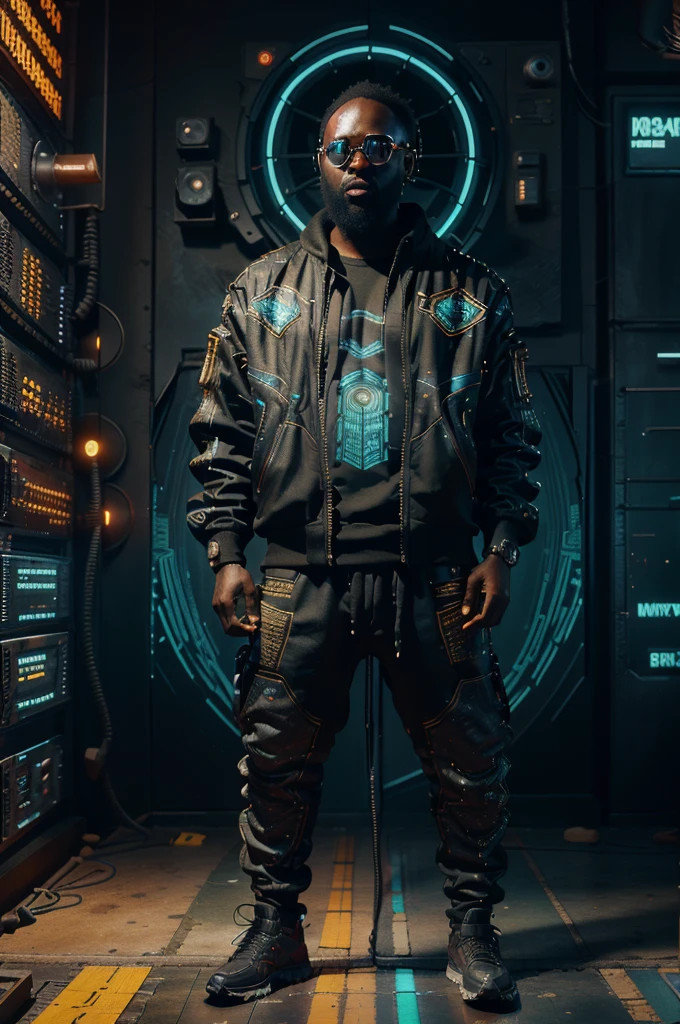 full body, rick ross, skateboard , wearing African clothes, African city , science fiction style , A highly detailed, digital, circuit board, energy lines and nodes, advanced, high-tech, cyberpunk, unreal engine 5, keyshot, octane, artstation trending, ultra high detail, ultra realistic, cinematic, 8 k, tilt shift, depth of field,