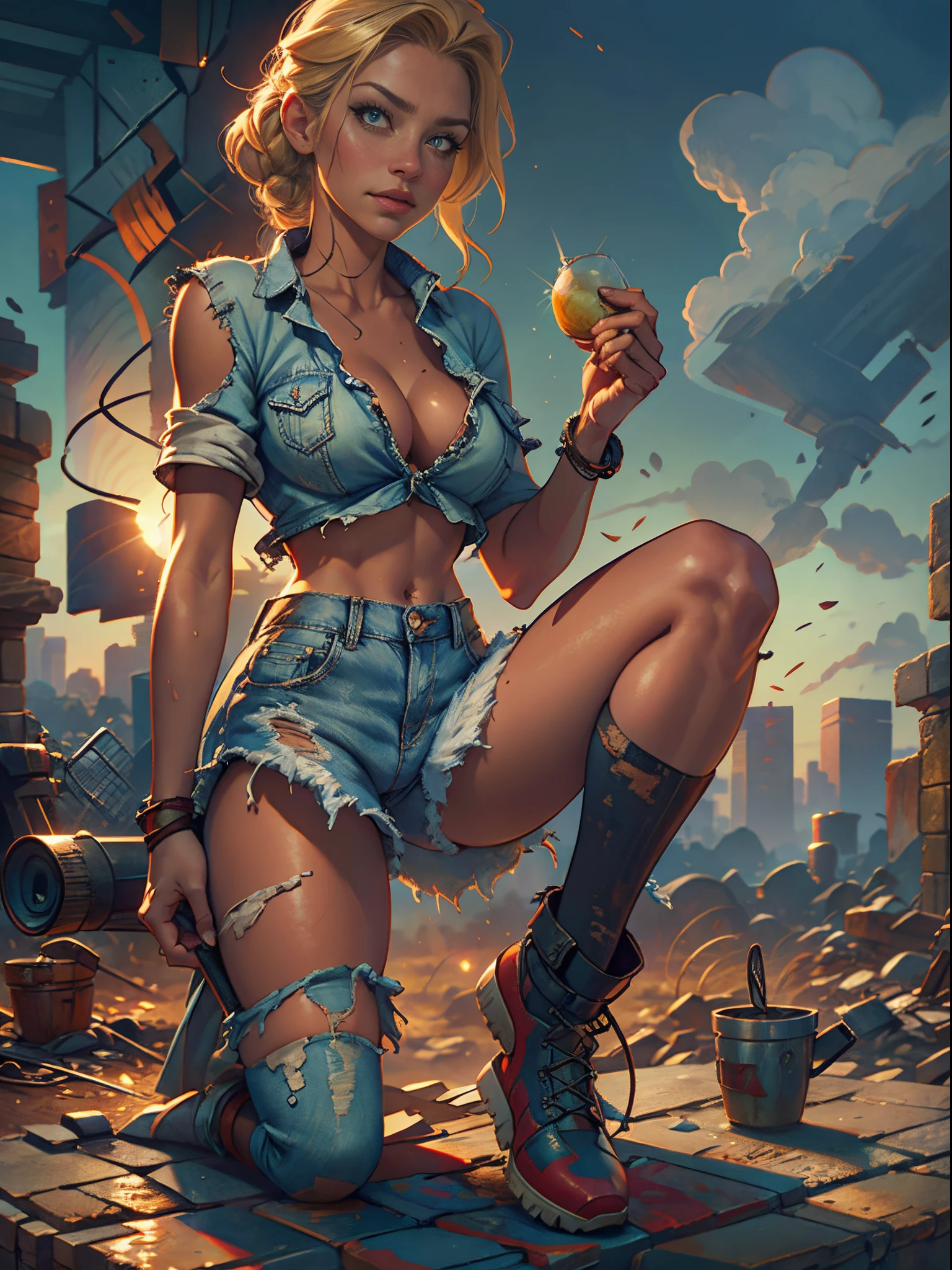 2076 year. The Urban Ruins of the Wasteland, Female huntress picking fruit in the garden, beautiful face, blonde, very torn shirt and denim shorts, shirt in tatters ,  long legs, sweating through, sun rising, Nice warm colors, head to toe full body shot