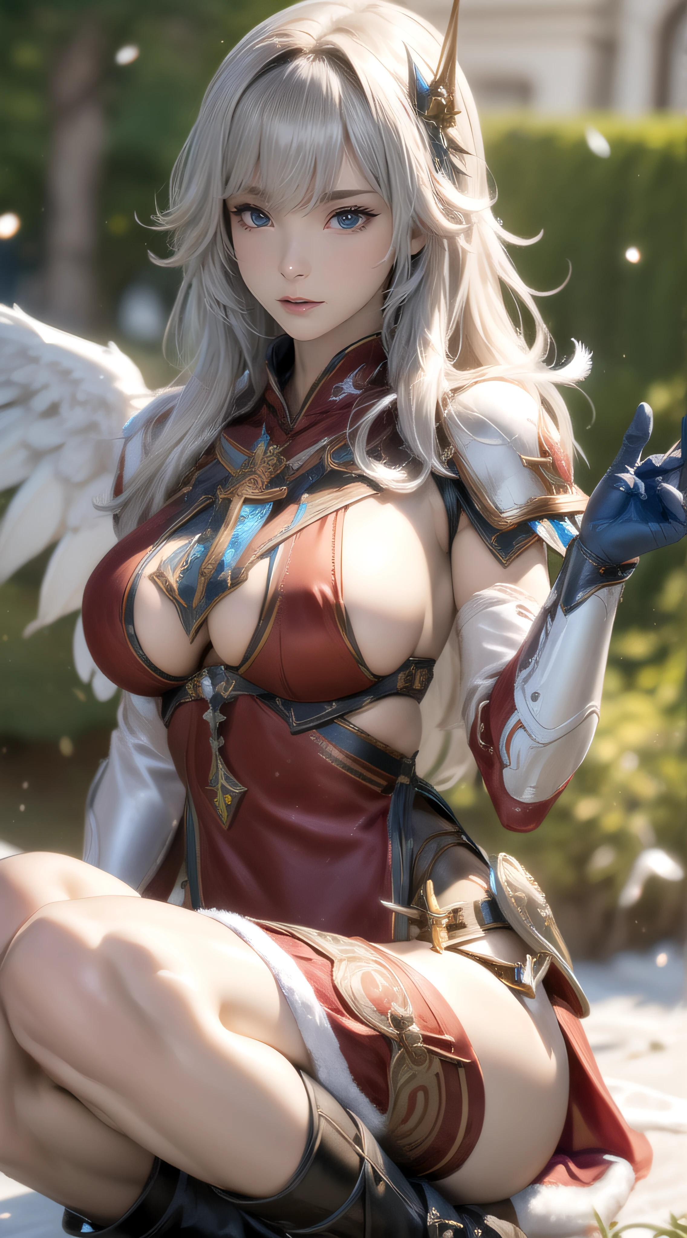 extreme close-up,squatting,open legs,1girl,ultra detailed skin,curvy,petite,beautiful breasts,large breasts,pale skin,pointy breasts,erect nipples,(fantasy art,Highest image quality,Hyperrealist portrait,(8k),ultra-realistic,best quality, high quality, high definition, high quality texture,high detail,beautiful detailed,fine detailed,extremely detailed cg,detailed texture,a realistic representation of the face,masterpiece,Sense of presence,Dynamic,bold),bob hair,(thin hair),(soft hair),Swept long bangs,extra light coppery amber hair,hair over one eye,((clothed:1.5),leather boots,leather gauntlet,(santa dress armor:1.5),(long silk sarong:1.5))),mecha musume,lucifer's wings,mecha_girl_figure