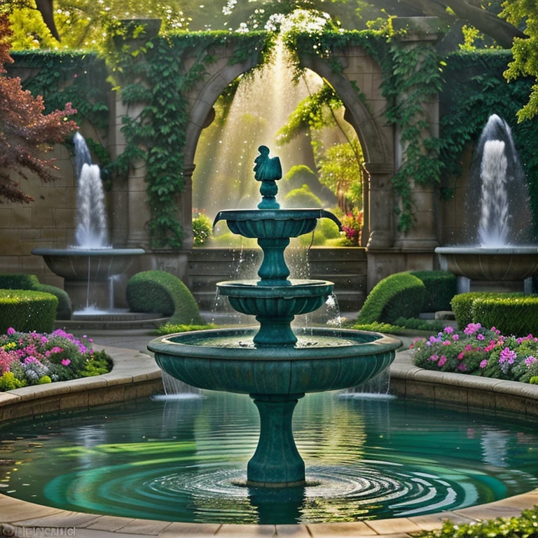 A beautiful girl in a garden, serene and elegant, standing next to enchanting water fountains. Her eyes sparkle with delight, reflecting the shimmering water. The gentle breeze plays with her flowing dress, creating a graceful movement. The sound of water cascading creates a soothing atmosphere, as the fountains dance with rhythmic joy. The gardens are adorned with vibrant flowers, adding bursts of color to the scene. The sunlight filters through the foliage, casting a warm and ethereal glow. The water fountains are exquisitely crafted, with intricate details and a mesmerizing play of water jets. The scene is captured in high-resolution, with every nuance and detail brought to life. The artwork has a realistic and photorealistic quality, making it a masterpiece of digital creation. The colors are vivid and rich, enhancing the overall visual impact. The lighting is expertly handled, showcasing the interplay of light and shadow. Water fountains become more than just a decorative element; they become a symbol of beauty and tranquility.