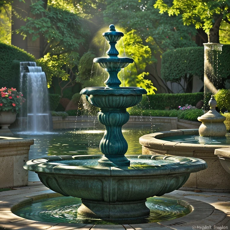 A beautiful girl in a garden, serene and elegant, standing next to enchanting water fountains. Her eyes sparkle with delight, reflecting the shimmering water. The gentle breeze plays with her flowing dress, creating a graceful movement. The sound of water cascading creates a soothing atmosphere, as the fountains dance with rhythmic joy. The gardens are adorned with vibrant flowers, adding bursts of color to the scene. The sunlight filters through the foliage, casting a warm and ethereal glow. The water fountains are exquisitely crafted, with intricate details and a mesmerizing play of water jets. The scene is captured in high-resolution, with every nuance and detail brought to life. The artwork has a realistic and photorealistic quality, making it a masterpiece of digital creation. The colors are vivid and rich, enhancing the overall visual impact. The lighting is expertly handled, showcasing the interplay of light and shadow. Water fountains become more than just a decorative element; they become a symbol of beauty and tranquility.