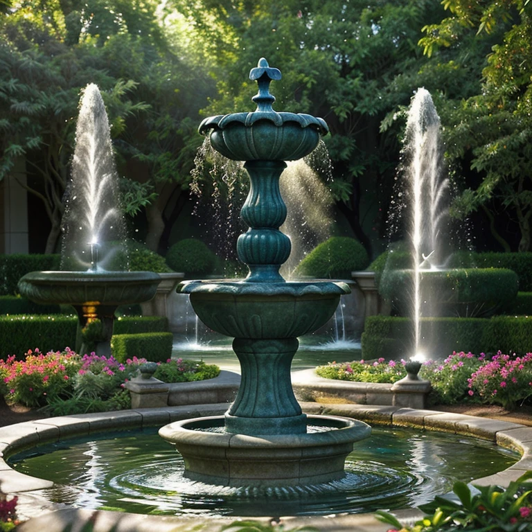 A beautiful girl in a garden, serene and elegant, standing next to enchanting water fountains. Her eyes sparkle with delight, reflecting the shimmering water. The gentle breeze plays with her flowing dress, creating a graceful movement. The sound of water cascading creates a soothing atmosphere, as the fountains dance with rhythmic joy. The gardens are adorned with vibrant flowers, adding bursts of color to the scene. The sunlight filters through the foliage, casting a warm and ethereal glow. The water fountains are exquisitely crafted, with intricate details and a mesmerizing play of water jets. The scene is captured in high-resolution, with every nuance and detail brought to life. The artwork has a realistic and photorealistic quality, making it a masterpiece of digital creation. The colors are vivid and rich, enhancing the overall visual impact. The lighting is expertly handled, showcasing the interplay of light and shadow. Water fountains become more than just a decorative element; they become a symbol of beauty and tranquility.