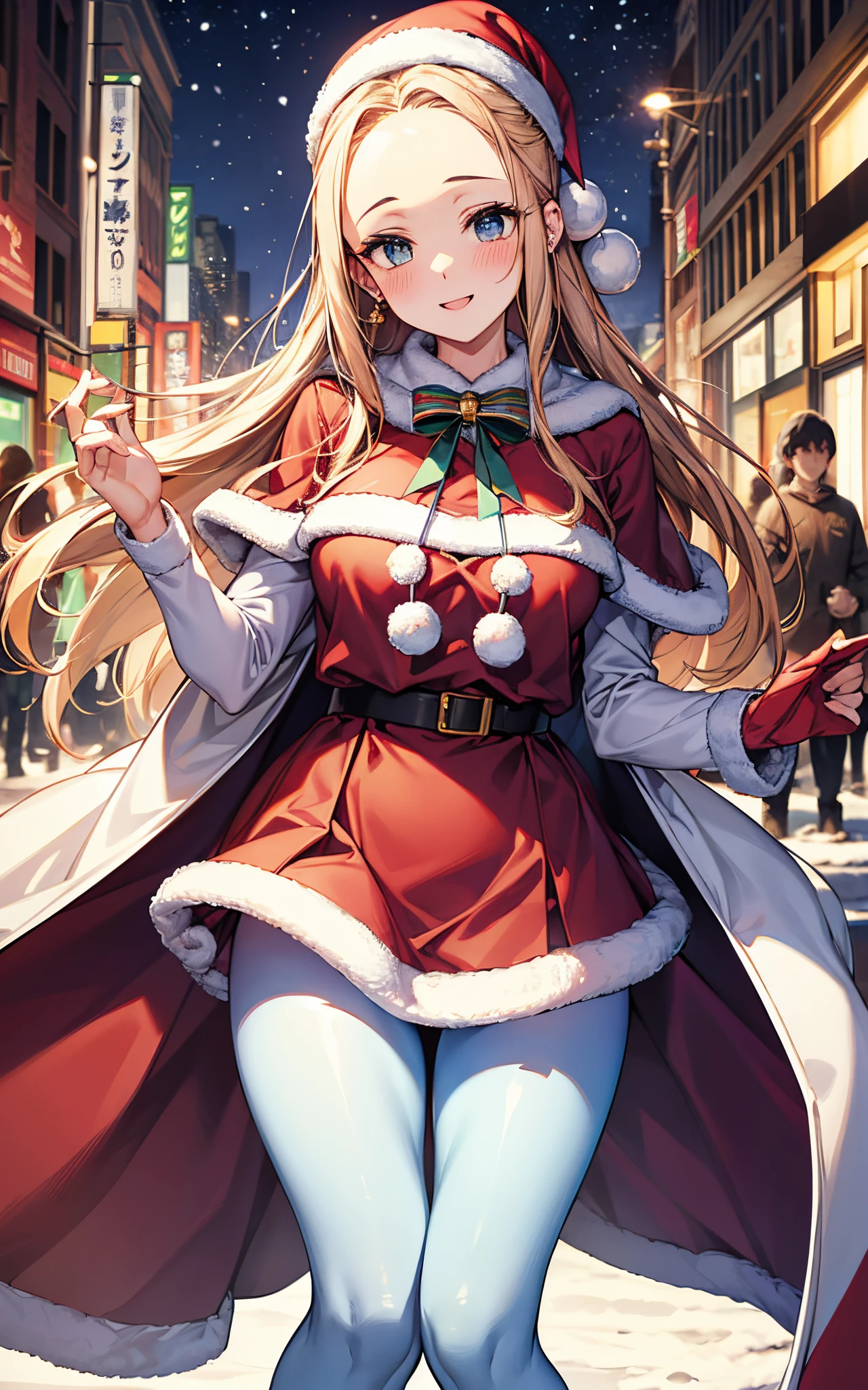 Top resolution、 Top image quality、 masterpiece、 8K、 (((One Woman)))、 ssmile、red blush、 (((5 head body)))、pretty pose、 large full breasts、sparkly eyes、Light in the eyes、hair adornments)))、 (((Beautie)))、 (((light blue santa)))、 Wearing a cloak、(skirt by the)、((Long tights))、 thighs thighs thighs thighs、In the city、 Crowds、 Christmas、Falling snow、Dating、Christmas present、Refers to 5、