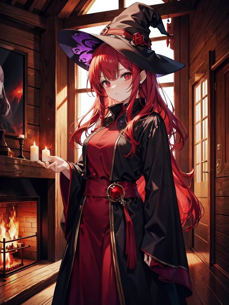 Crimson demon that looks human. In her late 20s Red hair red eyes. In a deep purple witch robe with a pointy hat, inside a cabin with a fire place