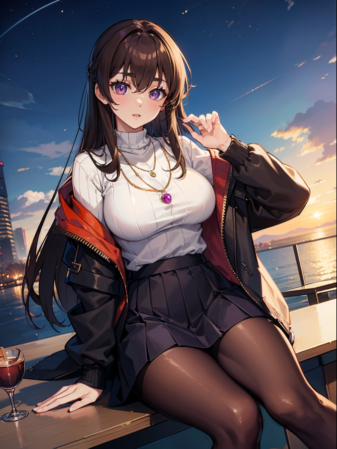 (((Best Quality))), 1girl in, Brown hair, Sweaters, Jacket, Large breasts, Purple eyes, Long hair, Default Skin, Skirt, pantyhose, Japanese, Necklace, Sitting