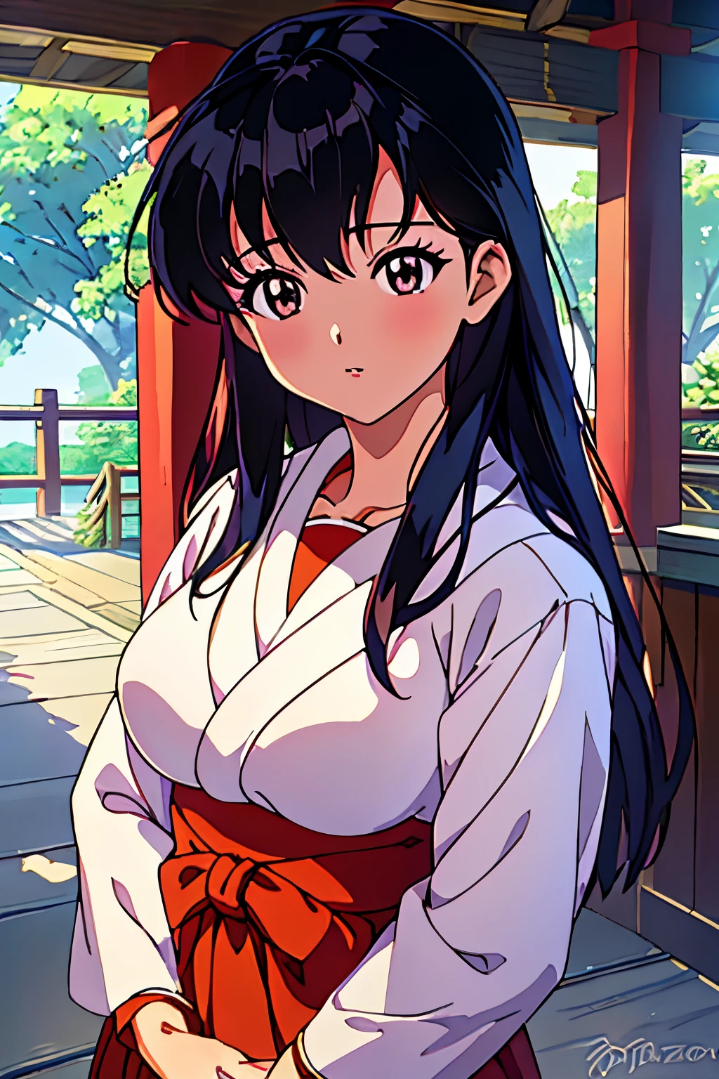 masuter piece, Best Quality, 超A high resolution, top-quality, Anime style, The best lighting, Beautiful face, 1girl in, Kagome Higurashi, Brown-eyed, Face Focus, Photorealsitic, (hyper realisitic:1.2), perfect  eyes, face perfect, Perfect litthing, plein air,  shrine maiden clothe