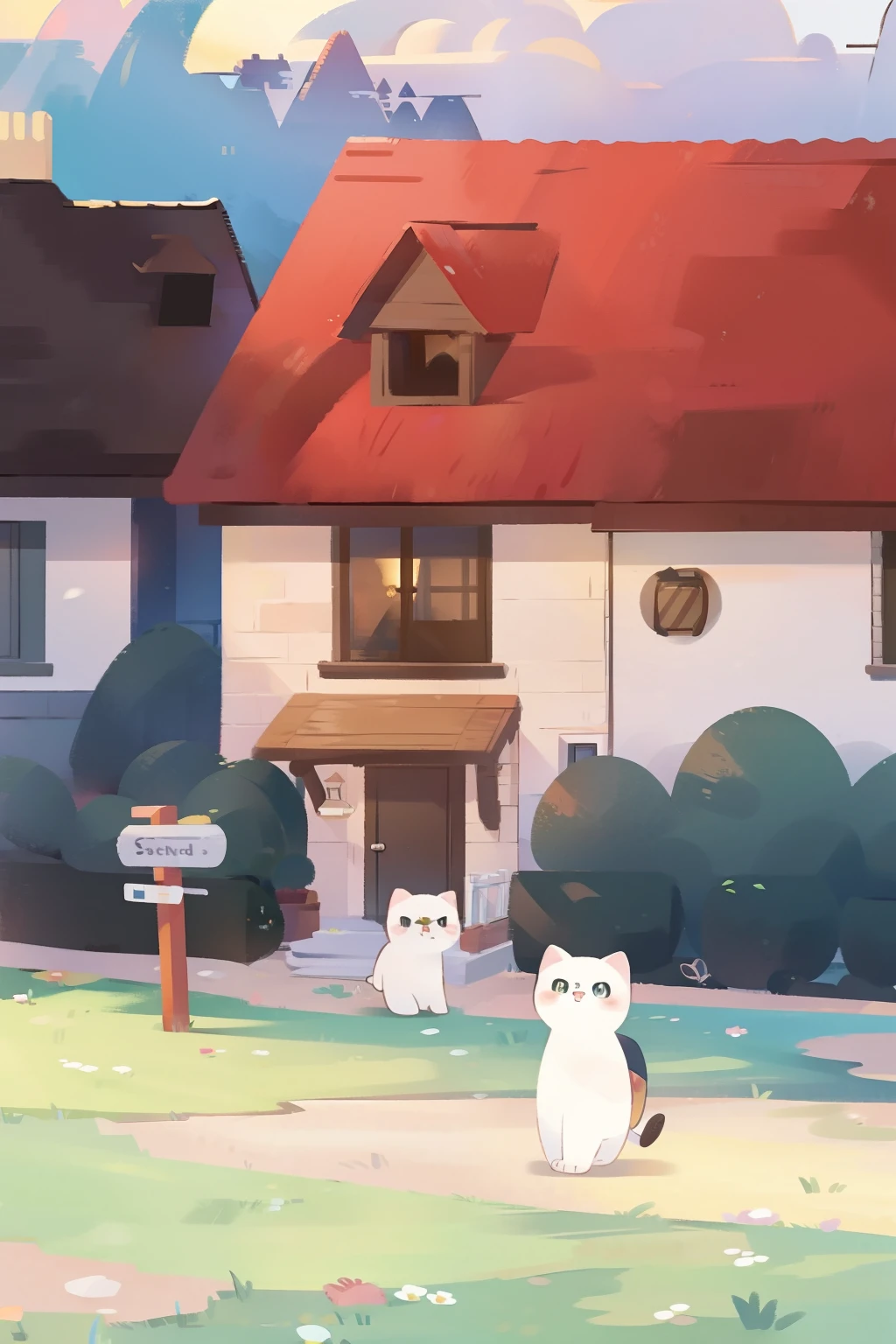 Scottish folding cat, closeup cleavage. streetview, There are houses in the distance.