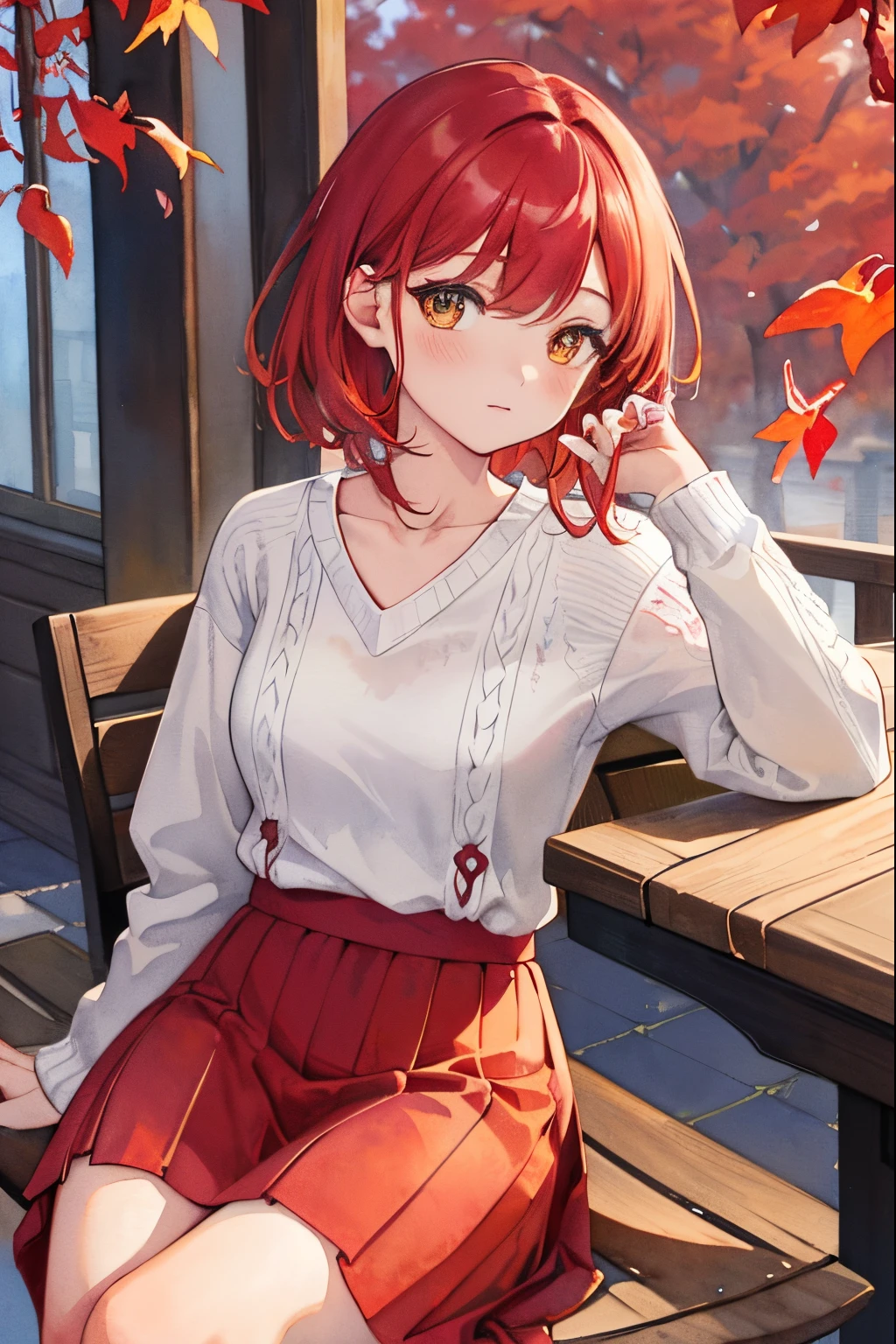 ((ultra-detailliert)、resturant、Terrace seating、Beautiful flowers、autumnal、red leaves、Watercolor pattern with calm colors)、(Watercolor texture)、((1girl in)、shorth hair、cute little、V-neck knitwear、long skirt、