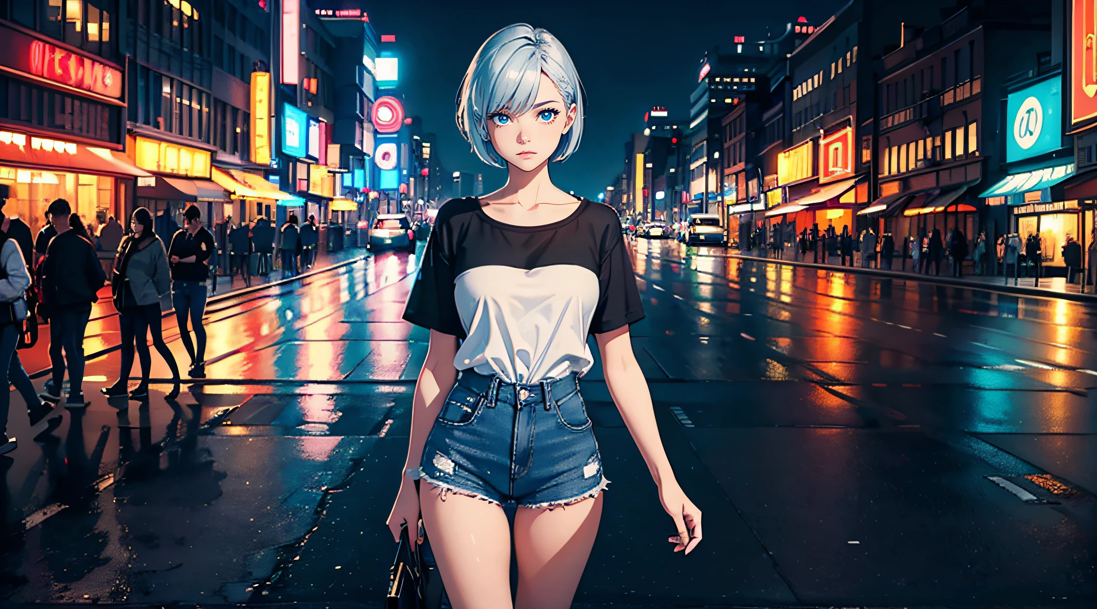 ((1girl)), one beautiful girl, detailed beautiful hair, detailed beautiful eyes, short white hair, small breasts, loose unzipped leather jacket, green bra, tight green shorts, standing on sidewalk, evening, nighttime, night, city lights, big city, cyberpunk city, rain, soaking wet, standing, cowboy shot, cinematic lighting, dramatic lighting,