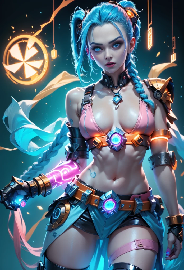 Jinx1024, Game character design,3D character rendering,(((Vector illustration style))),League of Legends Jinx,((1girl,(Blue double ponytail: 1.5),Blue braids,Red eyes,big laughter,future warrior,(Pink mechanical skirt: 1.3),(A luminous magazine is tied around the waist: 1.2),Decorated with luminous lines and rivets,With streamer effect or LED light embellishment,Hand holding laser cannon、Ion cannon or pulse cannon)),((hair design:Brilliant deep blue,Add some glowing elements,Futuristic headgear such as orange photoelectric glasses or head-mounted display)),((Expression design:Add some glowing lines or orange LED light effects to the facial decoration,Design different facial expressions,Highlight the image of future warriors)),(action design:On the move、When releasing a skill or attacking,Add some special effects and animations,Highlight the sense of future and combat),((Special effects design:Add cool orange light effects、Electromagnetic wave effect or virtual interface,Enhance the visual impact of skin)), (((standing on your feet,Metal heels: 1.8, Glowing lines or orange LED light effect))), (full body shot of: 1.5),jinx (league of legends),((starryskybackground,simplebackground)), MECHA-WINGS, art by mooncryptowow, (pov, first-person view, Ghibli-like colours, Luminism, cinematic lighting, UHD, masterpiece, ccurate, anatomically correct, textured skin, super detail, high details, high quality, award winning, best quality, 16k)
