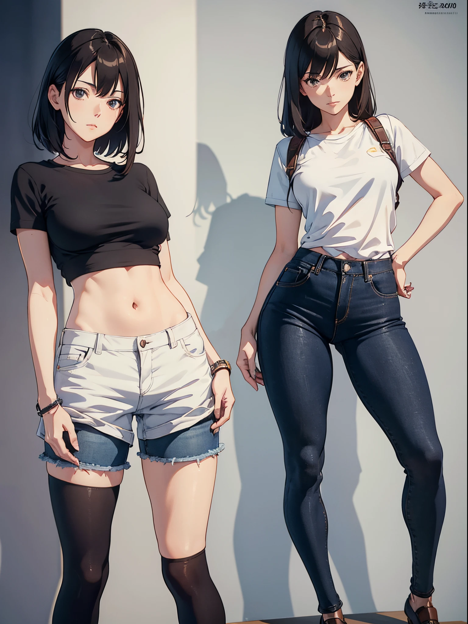 A woman wearing denim hot pants and brown short sleeves，He wears black stockings on his legs，Exposing the abdomen，The figure is good，The head is not exposed，[ 4K realism ]!!, [ 4K realism ]!!!, [ 4K digital art ]!!, Realistic shadow perfect body, realisticlying!!!!!!! art-style, photorealistic anime, by Shitao, Popular topics on cgstation, Casual pose, realistic anime 3D style