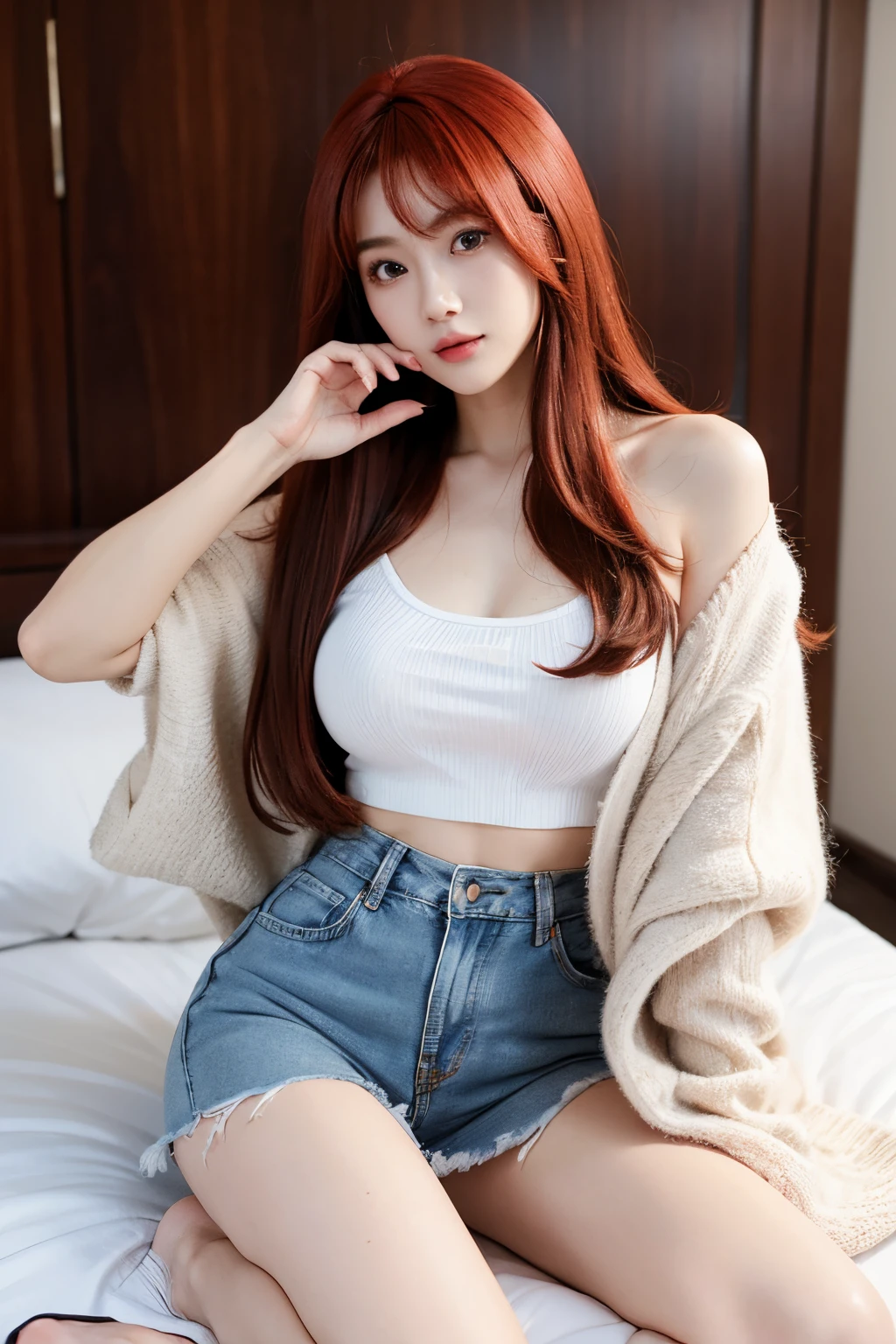 woman with long red hair posing for a picture, patreon content, no watermark, poyo, hybrid from dynasty warriror, sussy baka, south east asian with long, wind blowing, hotel room, no watermarks, krakens, wig, muy definido, no tail, wanda, around 23 years old, diego 5, lovely queen