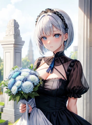 (Top resolution),1womanl,Anime, eyes are blue and light blue,Delicate eyes,odd eye,blue and sad expression,shed tears,white  hair,Blue Mesh,Fluffy Bob,Curly hair,long black skirts,Black Dress,Black stockings,holding a bouquet of chrysanthemums in his hand,The background is a cemetery,the original god,Freena