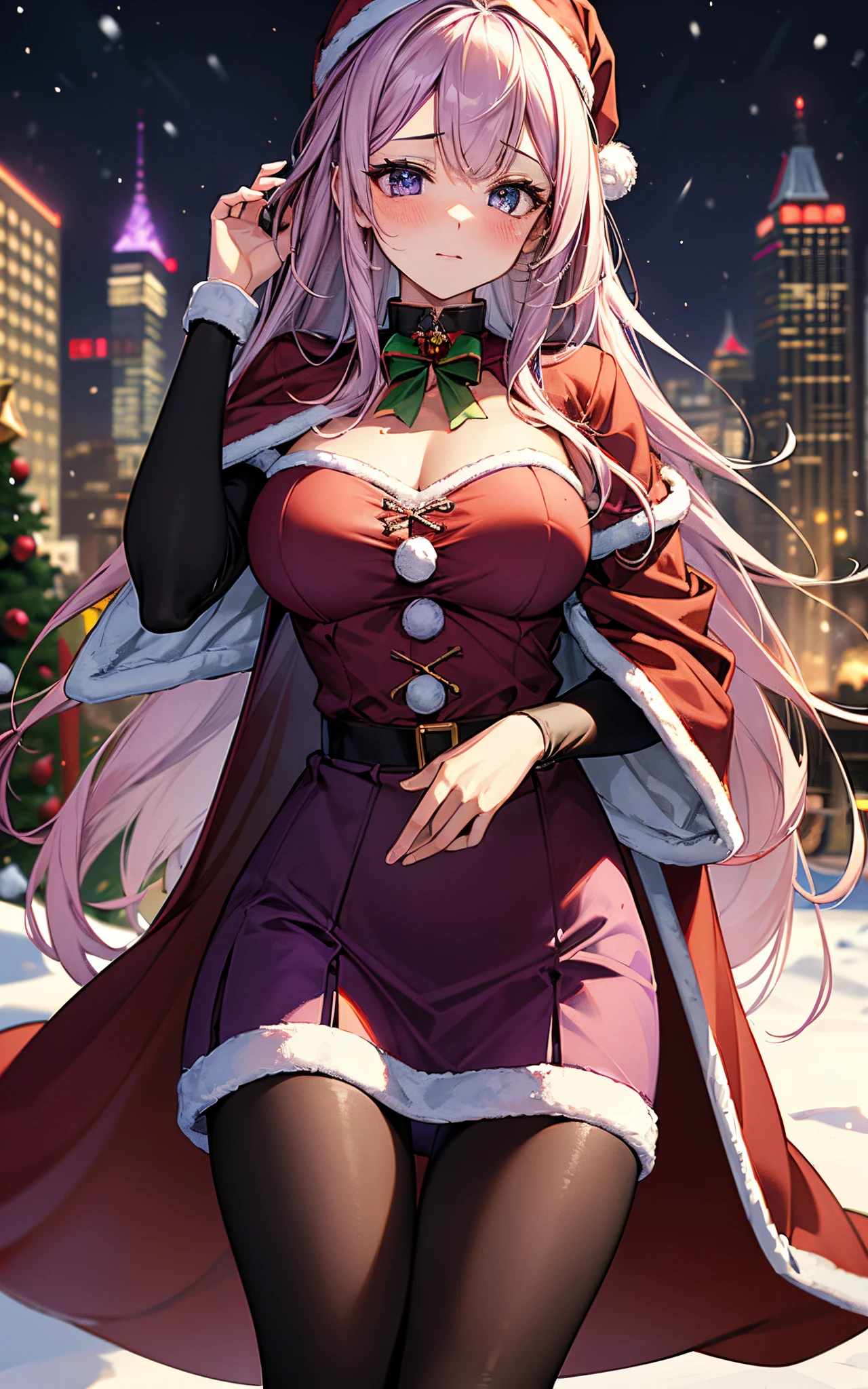 Top resolution、 Top image quality、 masterpiece、 8K、 (((One Woman)))、 seductiv、red blush、 (((8 head body)))、sexy pose、 large full breasts、sparkly eyes、Light in the eyes、hair adornments)))、 (((Beautie)))、 (((purple santa outfit)))、 Wearing a cloak、(skirt by the)、((Long tights))、 thighs thighs thighs thighs、In the city、 Crowds、 Christmas、Falling snow、Dating、Christmas present、Refers to 5
