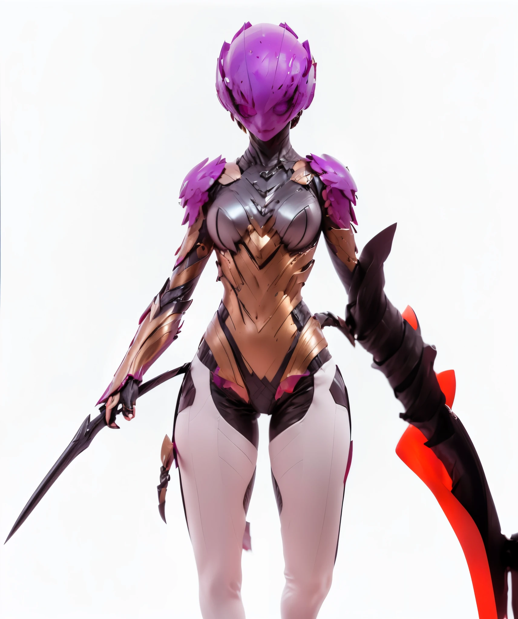 Girl in a bodysuit. she is the only woman. She is biological armor. Crystals shining in costume. He has a sickle-shaped weapon in both hands. Full body image.