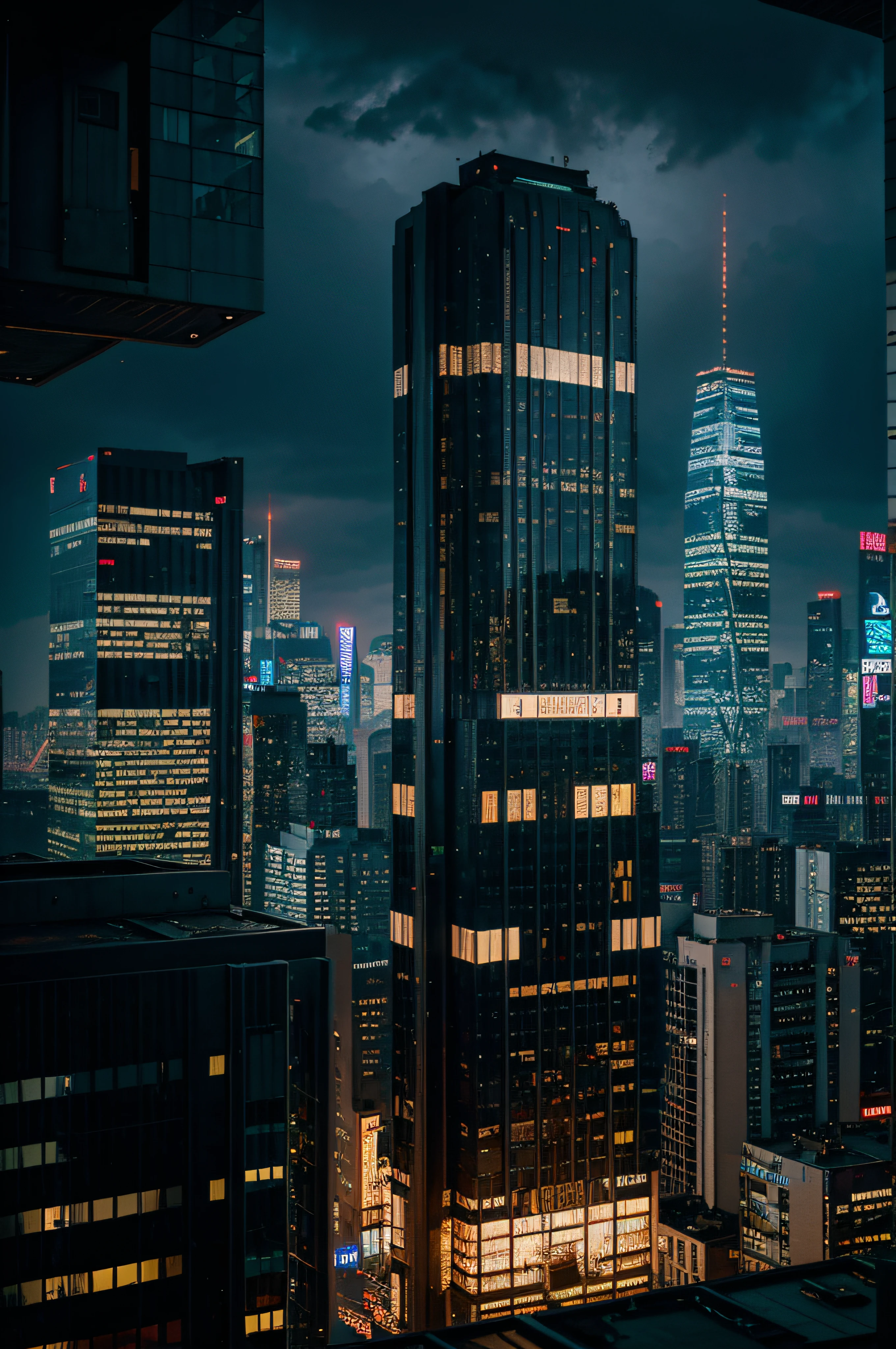 tall building with many windows, Surreal cyberpunk city, Rainy cyberpunk city, stacked city, layers of city, 4K, ultra clear, detailed, neon light, night