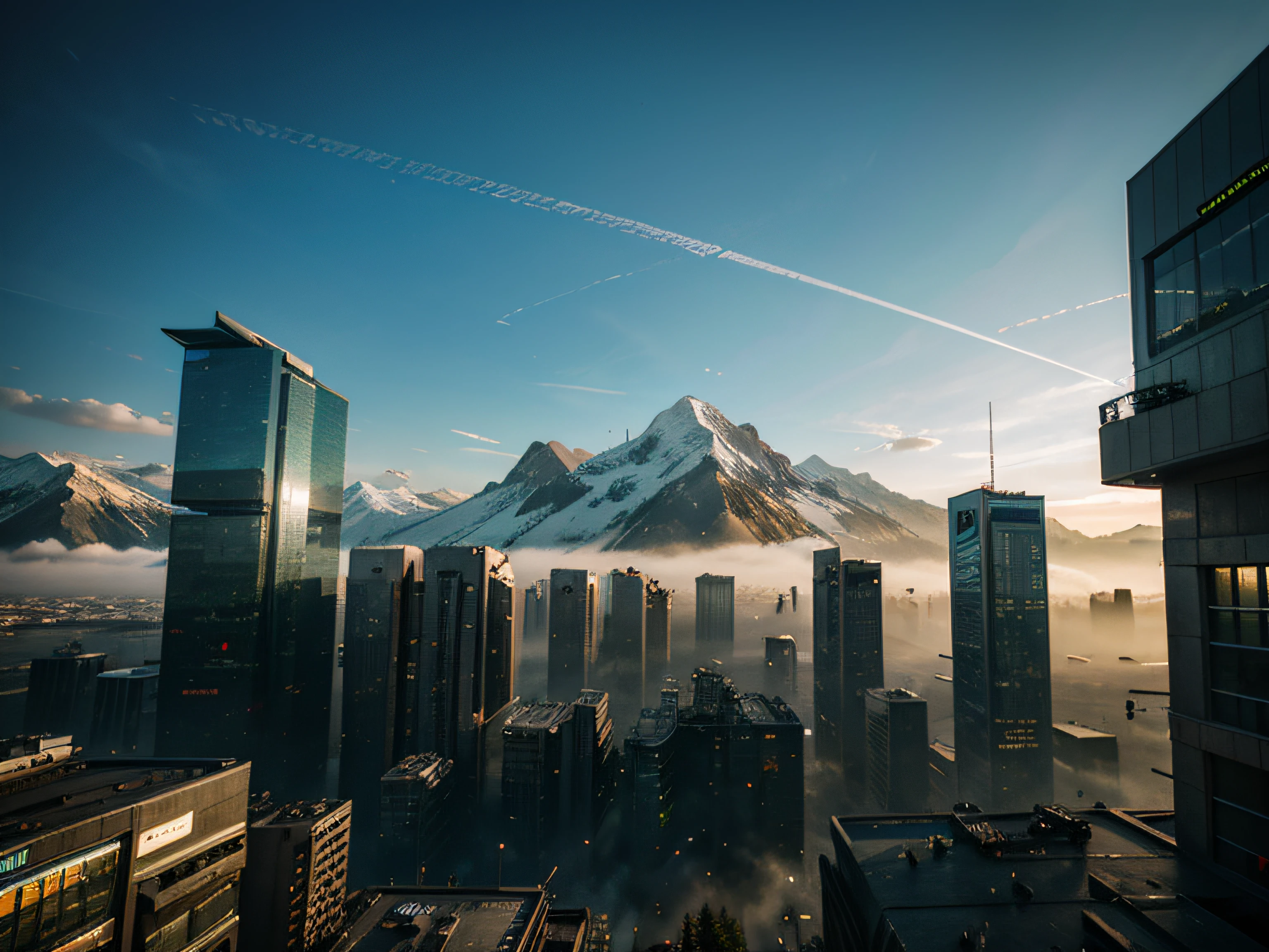 cyberpunk, futuristic, buildings, post apocalyptic, nature, mountains,