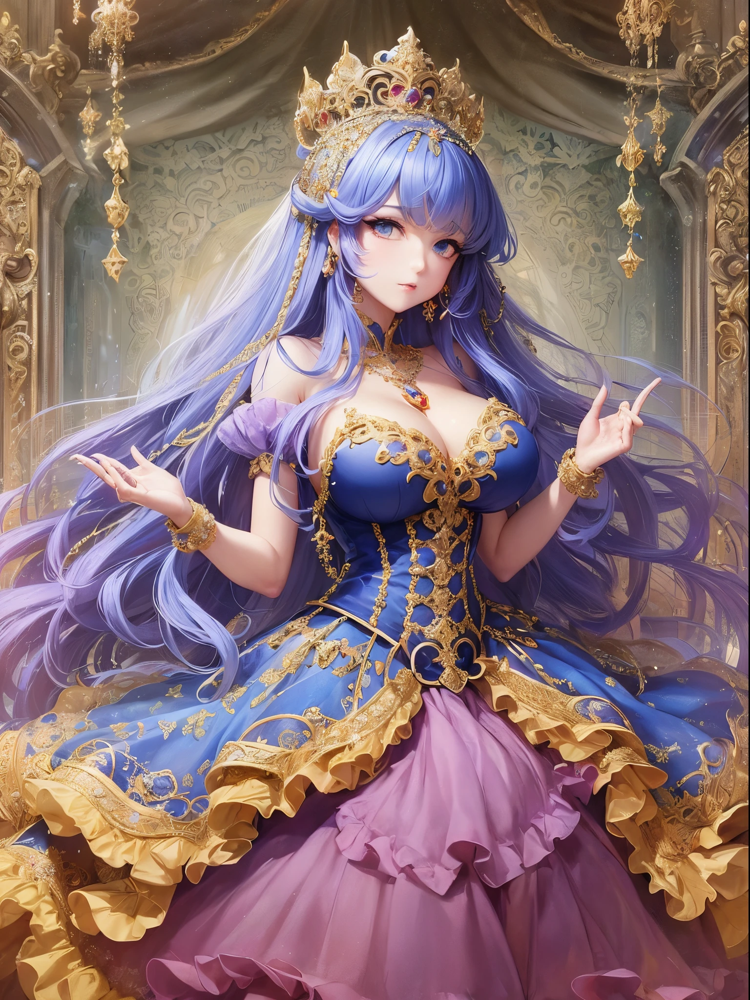 ultra-detailed, extremely detailed,((anime artstyle)),Masterpiece,(Best Quality),(Super Detail),(Very Delicate and Beautiful),((Solo)),(((full body))),full body,((detailed face and eyes)),perfect eyes, rendered eyes,jewel-like beautiful eyes,cry,((embarrassed,blush)),((1 pregnant princess in beautiful embroidery and jeweled gorgeous rococo ballgown with frilled voluminous full length hoop skirt)),(((heavily pregnant))),((Crinoline)),beautiful embroidery and jeweled gorgeous rococo ballgown with frilled voluminous full length hoop skirt,(large amount of straight hair,extremely voluminous Very Long straight Hair,Absolutely Long Straight Hair),sparkly skin,(((very gigantic boobs,skindentation))),Bursting breasts,cleavage,((fantasy castle,outdoors,outside the castle)),long_gloves,extremely gorgeousfull jeweled hair ornament,(bling-bling extremely gorgeousfull jeweled tiara),(luxurious jewelry),full body,beautiful embroidery and jeweled gorgeous rococo ballgown with frilled voluminous full length hoop skirt