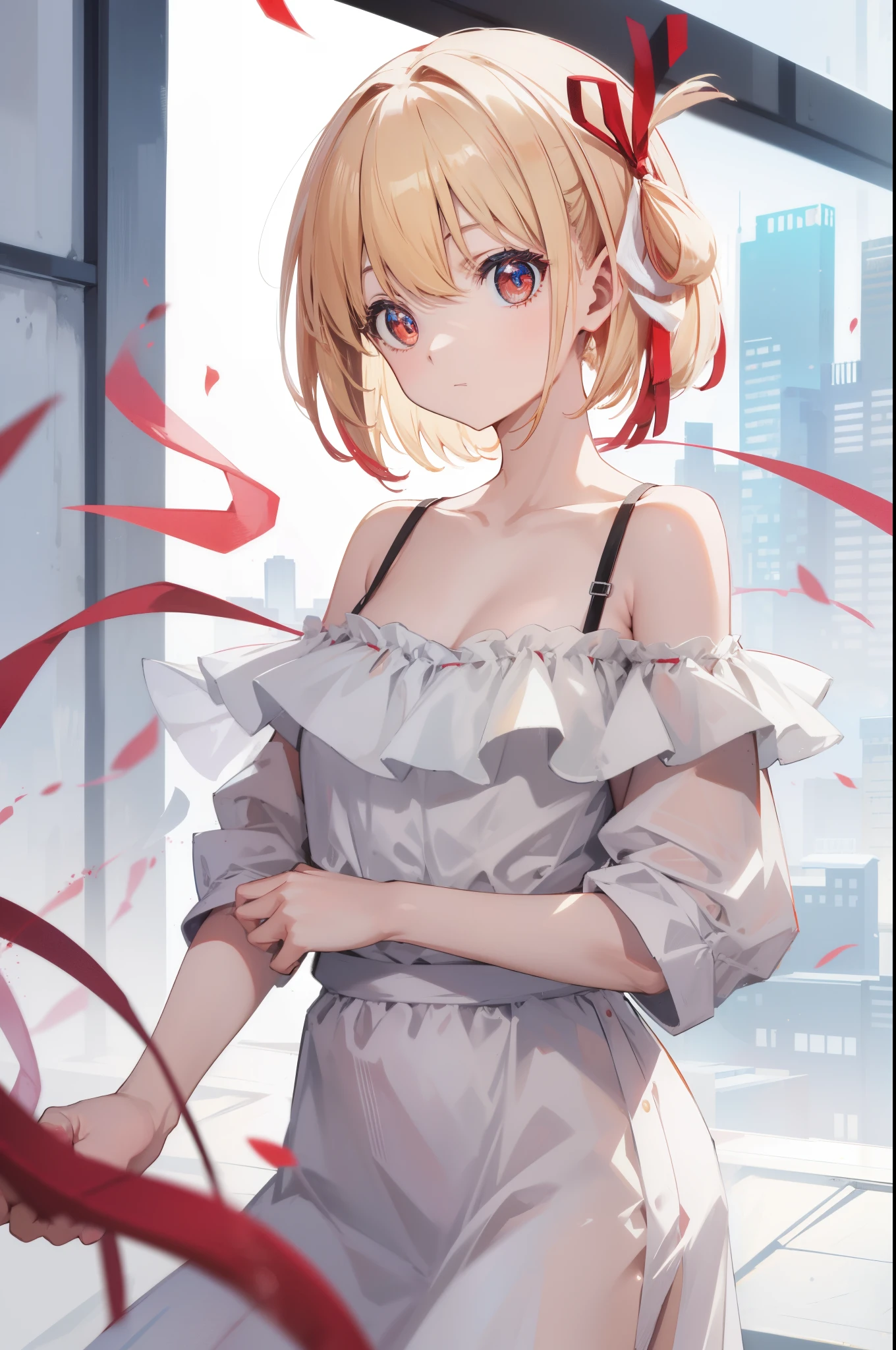 Chisatoniki, Senri, Short hair, Bangs, Blonde hair, (Red Eyes:1.5), Hair Ribbon, One side up, bob cuts,
BREAK shirt, Bare shoulders, Twin-tailed, 鎖骨, Hair Ribbon, White shirt, frilld, off shoulders, Red Ribbon, short twintails, off shoulder shirt, frill shirt,
BREAK outdoors, city,
BREAK looking at viewer, BREAK (masutepiece:1.2), Best Quality, High resolution, Unity 8k壁纸, (Illustration:0.8), (Beautiful detailed eyes:1.6), extra detailed face, Perfect Lighting, extremely details CG, (Perfect hands, Perfect Anatomy),