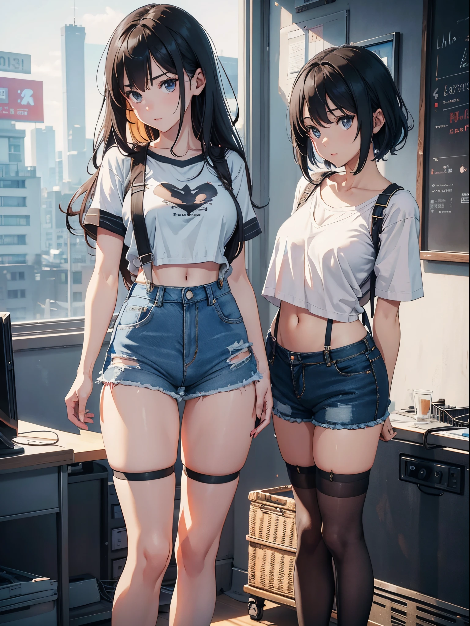A girl wearing denim shorts and tattered short sleeves，Wearing suspender stockings on the legs，Exposing the abdomen，The figure is good，The head is not exposed，[ 4K realism ]!!, [ 4K realism ]!!!, [ 4K digital art ]!!, Realistic shadow perfect body, realisticlying!!!!!!! art-style, photorealistic anime, by Shitao, Popular topics on cgstation, Casual pose, realistic anime 3D style