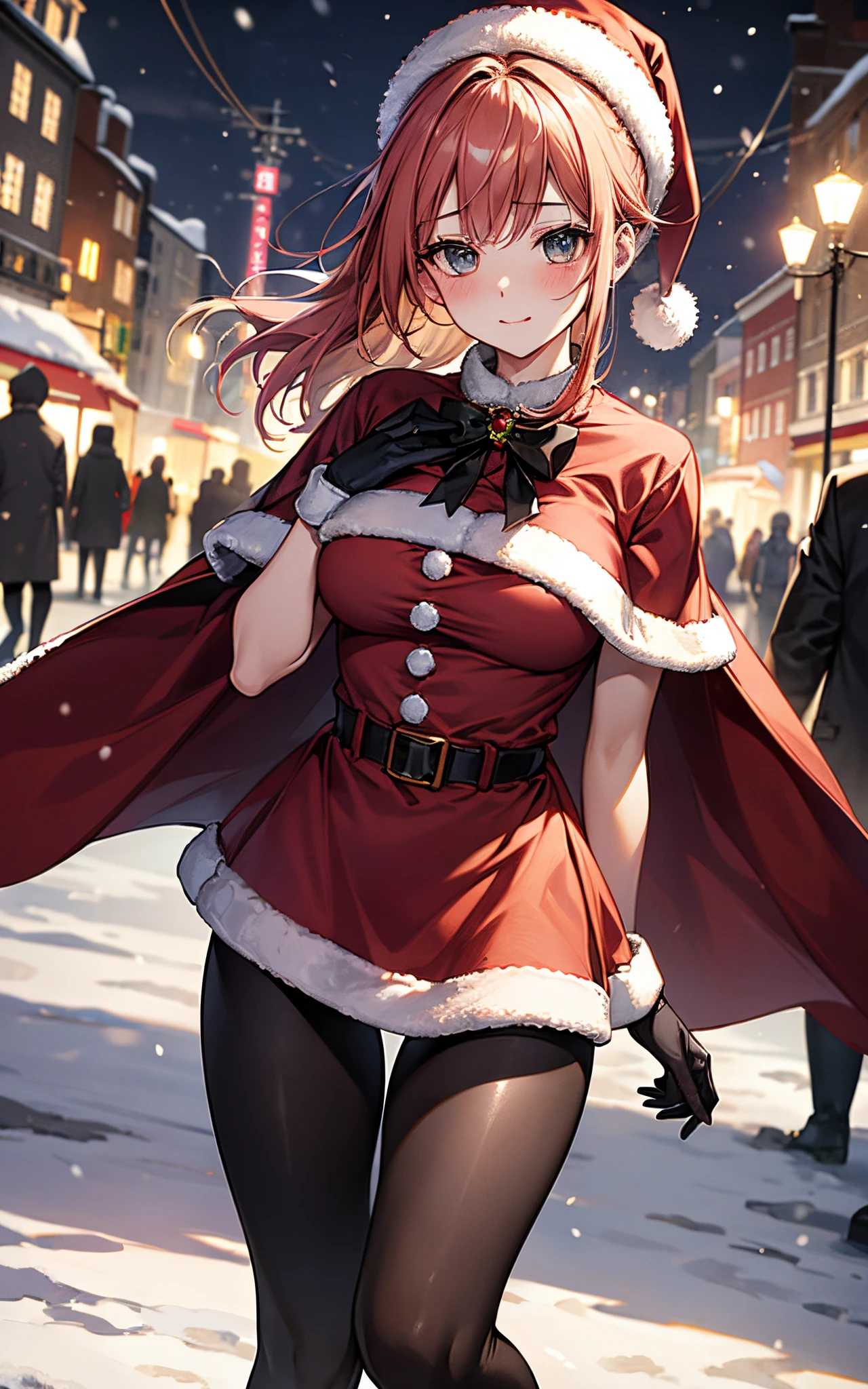 Top resolution、 Top image quality、 ​masterpiece、 8K、Composition seen from the back、  (((One Woman)))、 seductiv、red blush、  (((8 Head Body)))、Very Shorthair、 sexy  pose、 large full breasts、sparkly eyes、Light in the eyes、hair adornments)))、 (((Beautie)))、 (((santa dressed in black)))、 Wearing a cloak、(skirt by the)、((Long tights))、 thighs thighs thighs thighs、In the city、 Crowds、 Christmas、Falling snow、Dating、Christmas present、See 5