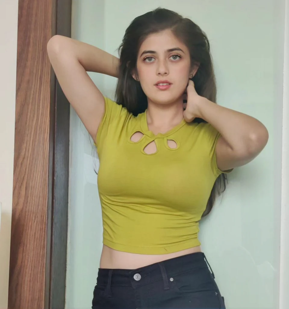 a close up of a woman in a transparent shirt leaning against a wall, attractive pose, cute beautiful, 24 year old female model, beautiful cute, sexy look, with lovely look, sexy girl,