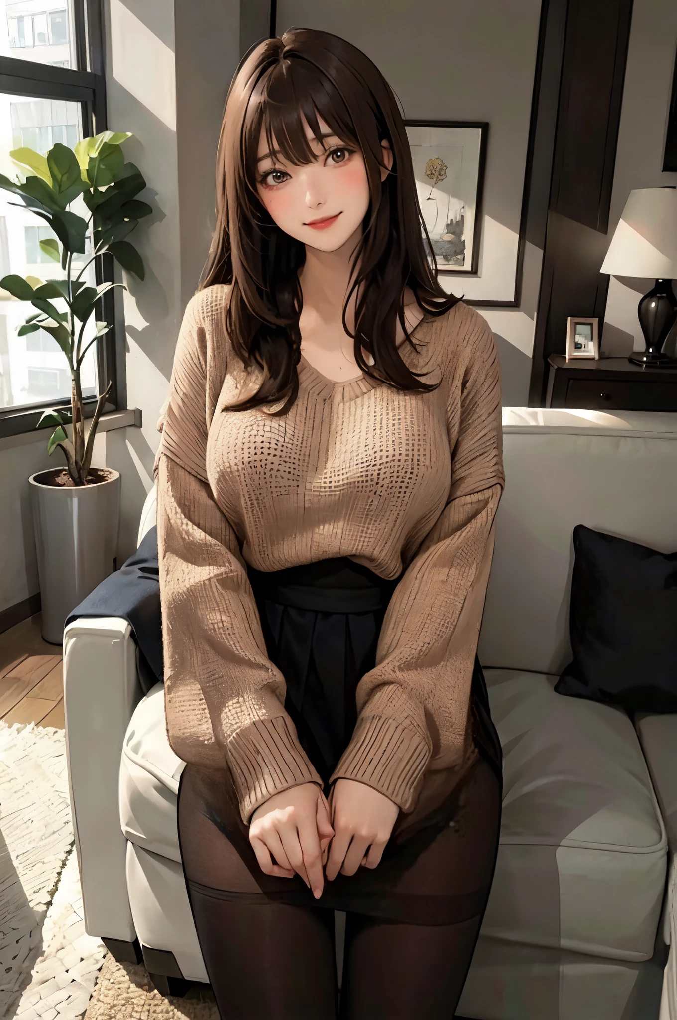 1lady standing, /(oversized sweater/) v-neck, mature female, /(brown hair/) bangs, blush kind smile, (masterpiece best quality:1.2) delicate illustration ultra-detailed, large breasts pantyhose BREAK /(modern house living room/) indoors