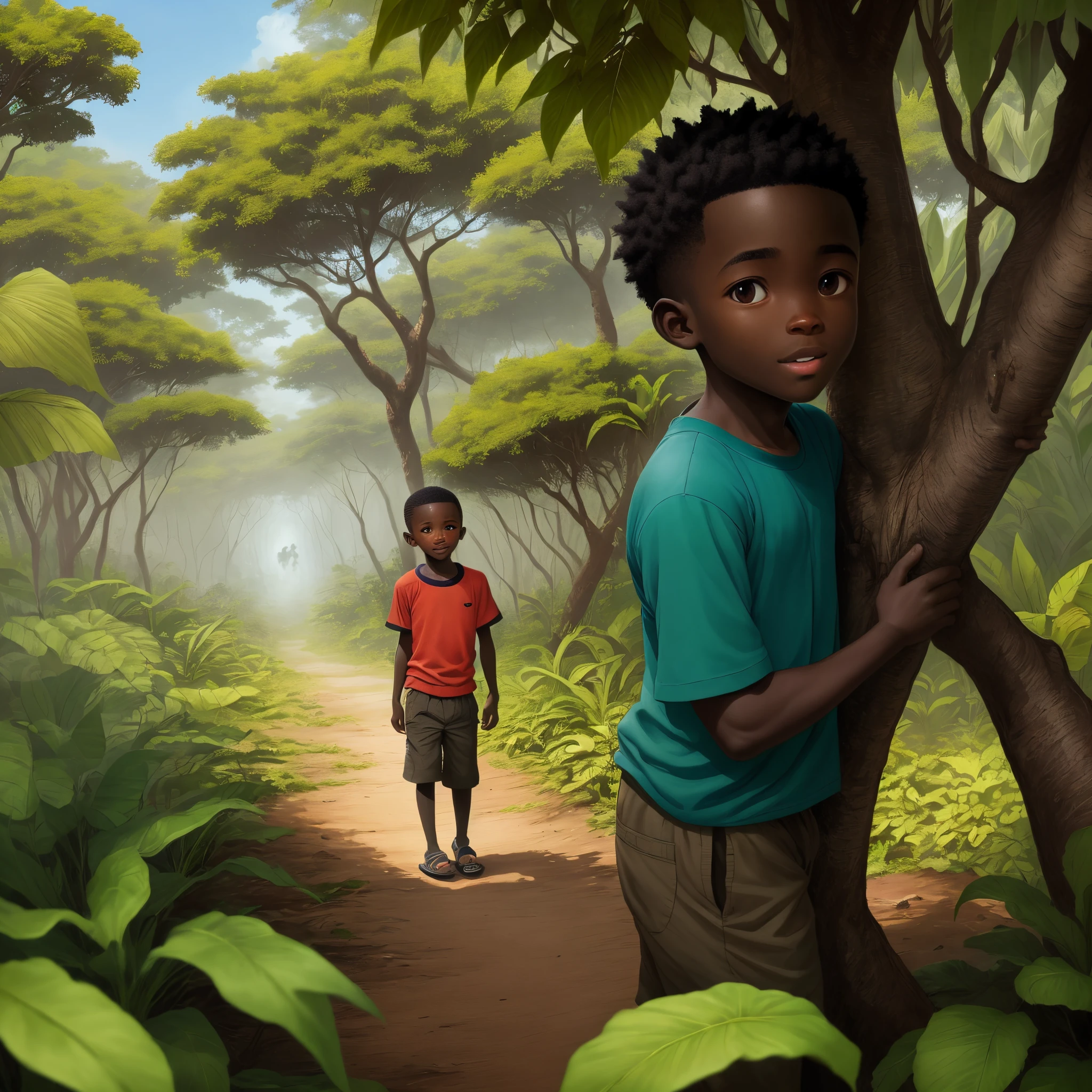 Kofi exploring the jungle: "A young African boy named Kofi, with a look of wonder, exploring a dense, vibrant African jungle, full of exotic plants and bright sunlight filtering through the trees."