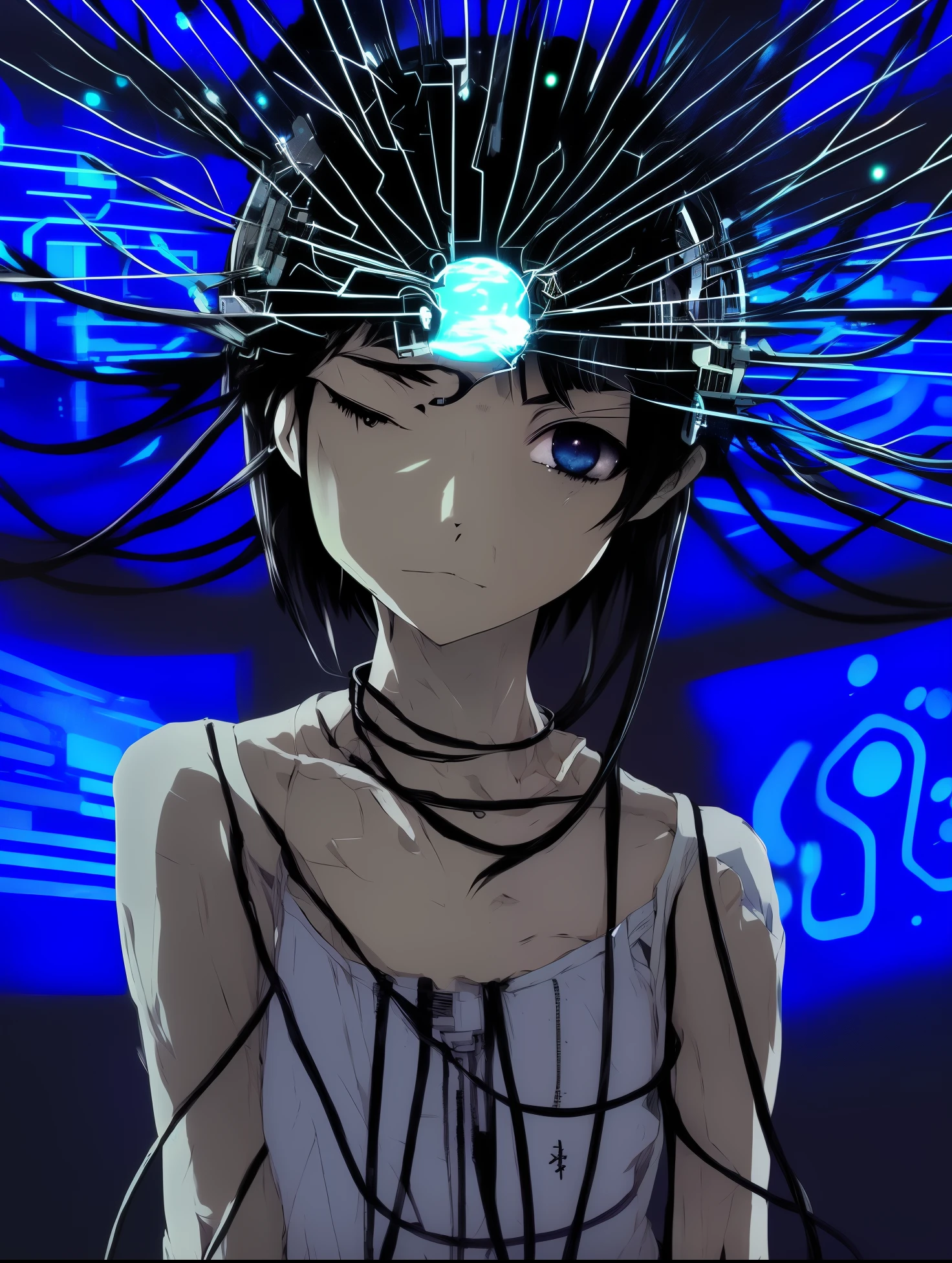 Anime girl with a headdress and a phone in her hand, Serial experiments lie, Normal, Lin&#39;s serial experiments, Cinematic soft fractal soft, Close-up of Lynn Iwakura, Lin Iwakura, I'm half a narcotic., Photo by Lynn Iwakura, ufotable art style, anime vibes, Digital Cyberpunk - Anime Art, Anime abstract art, Digital cyberpunk anime!!