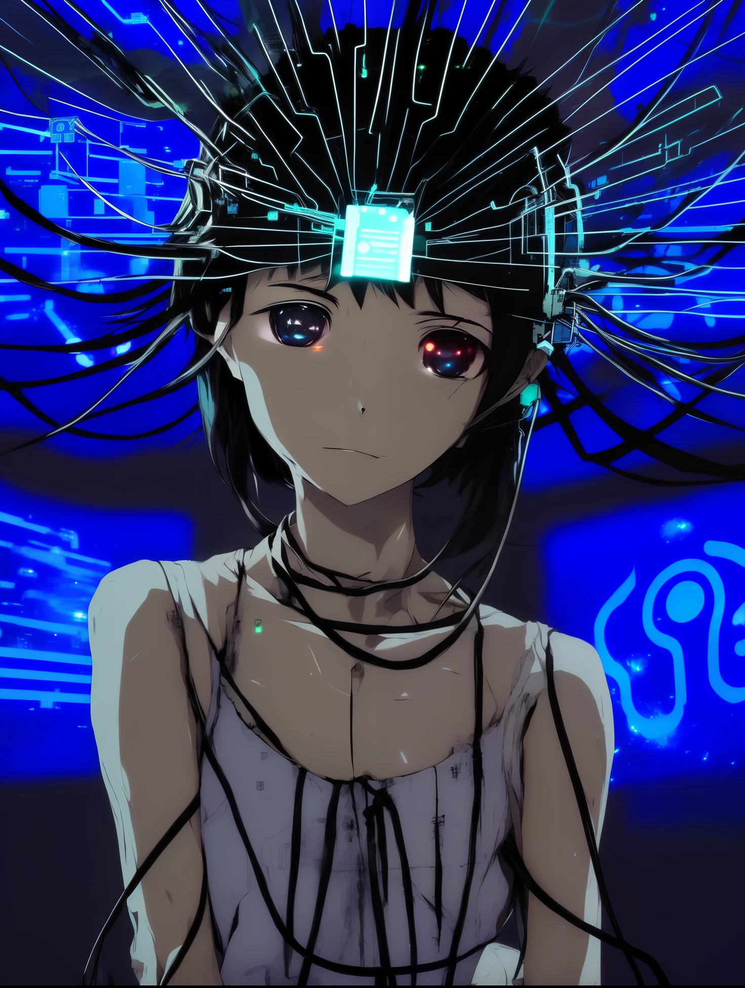 Anime girl with a headdress and a phone in her hand, Serial experiments lie, Normal, Lin's serial experiments, Cinematic soft fractal soft, Close-up of Lynn Iwakura, Lin Iwakura, I'm half a narcotic., Photo by Lynn Iwakura, ufotable art style, anime vibes, Digital Cyberpunk - Anime Art, Anime abstract art, Digital cyberpunk anime!!