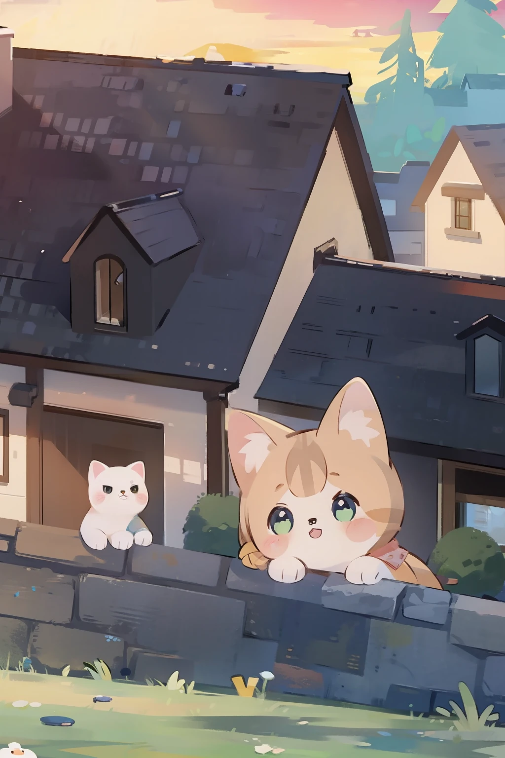 Scottish folding cat, closeup cleavage, Street view of houses outside the window.