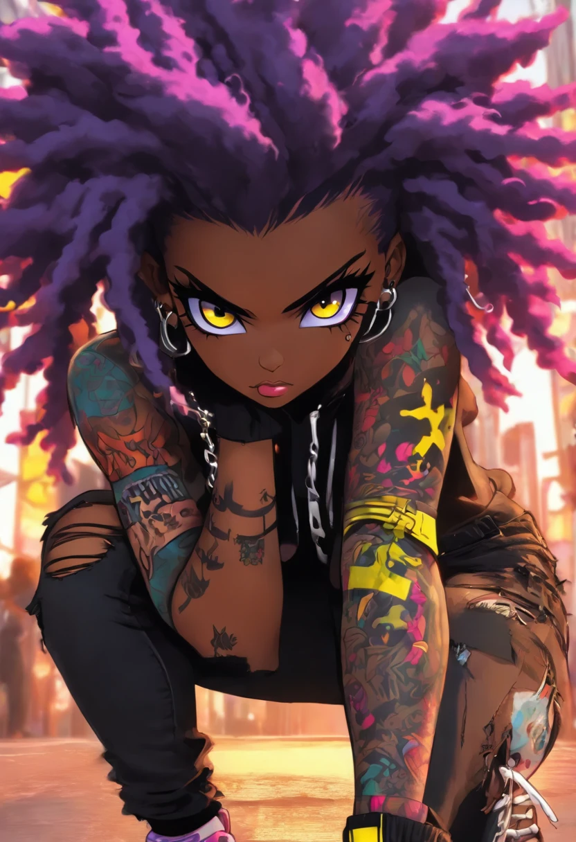 The most beautiful and sexy punk rock girl, black Afro, black and purple hair, yellow eyes, dark skin, wearing a hoodie, Graphic design jacket and torn skinny jeans, tons of tattoos and piercings, Perfect masterpiece, high quality, High resolution, big tits