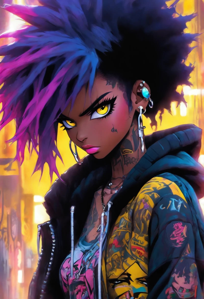 The most beautiful and sexy punk rock girl, black Afro, black and purple hair, yellow eyes, dark skin, wearing a hoodie, Graphic design jacket and torn skinny jeans, tons of tattoos and piercings, Perfect masterpiece, high quality, High resolution, big tits