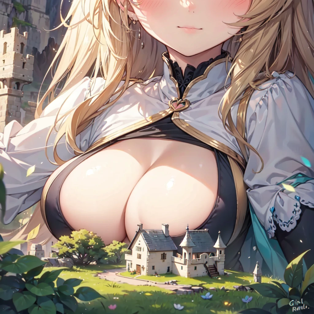 a tiny fortress on a cliff in front of a giantess, a tiny fortress on a cliff in front of the breasts of a giantess,  fortress, cliffs, mountains, stone walls, huge (breasts:1.1), tall, cleavage,
AND a (tiny fortress on a cliff), cliff, (1girl:1.8), (girl on a cliff)