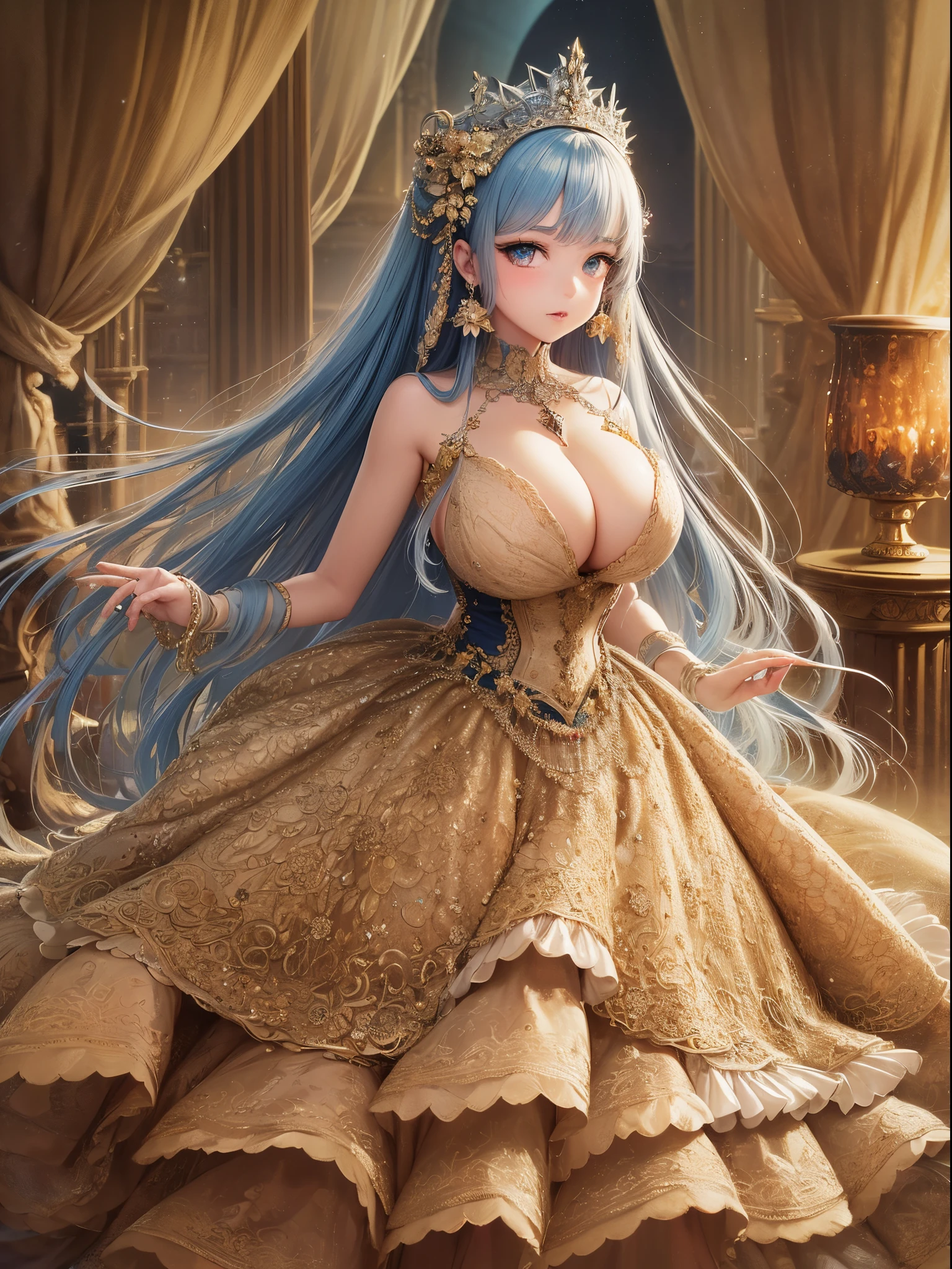 ultra-detailed, extremely detailed,((anime artstyle)),Masterpiece,(Best Quality),(Super Detail),(Very Delicate and Beautiful),((Solo)),((full body)),full body,((detailed face and eyes)),perfect eyes, rendered eyes,jewel-like beautiful eyes,((1 princess in beautiful embroidery and jeweled gorgeous rococo ballgown with frilled voluminous full length hoop skirt)),((Crinoline)),beautiful embroidery and jeweled gorgeous rococo ballgown with frilled voluminous full length hoop skirt,(large amount of straight hair,extremely voluminous Very Long straight Hair,Absolutely Long Straight Hair),sparkly skin,(((very gigantic boobs,skindentation))),Bursting breasts,cleavage,(fantasy castle,outdoors,outside the castle),long_gloves,extremely gorgeousfull jeweled hair ornament,(bling-bling extremely gorgeousfull jeweled tiara),(luxurious jewelry),full body,beautiful embroidery and jeweled gorgeous rococo ballgown with frilled voluminous full length hoop skirt